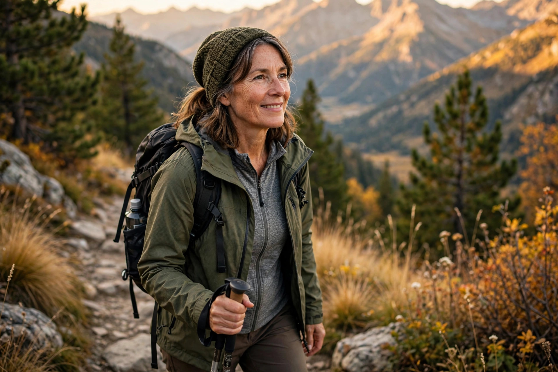 Woman in her 50s hiking on a scenic trail
