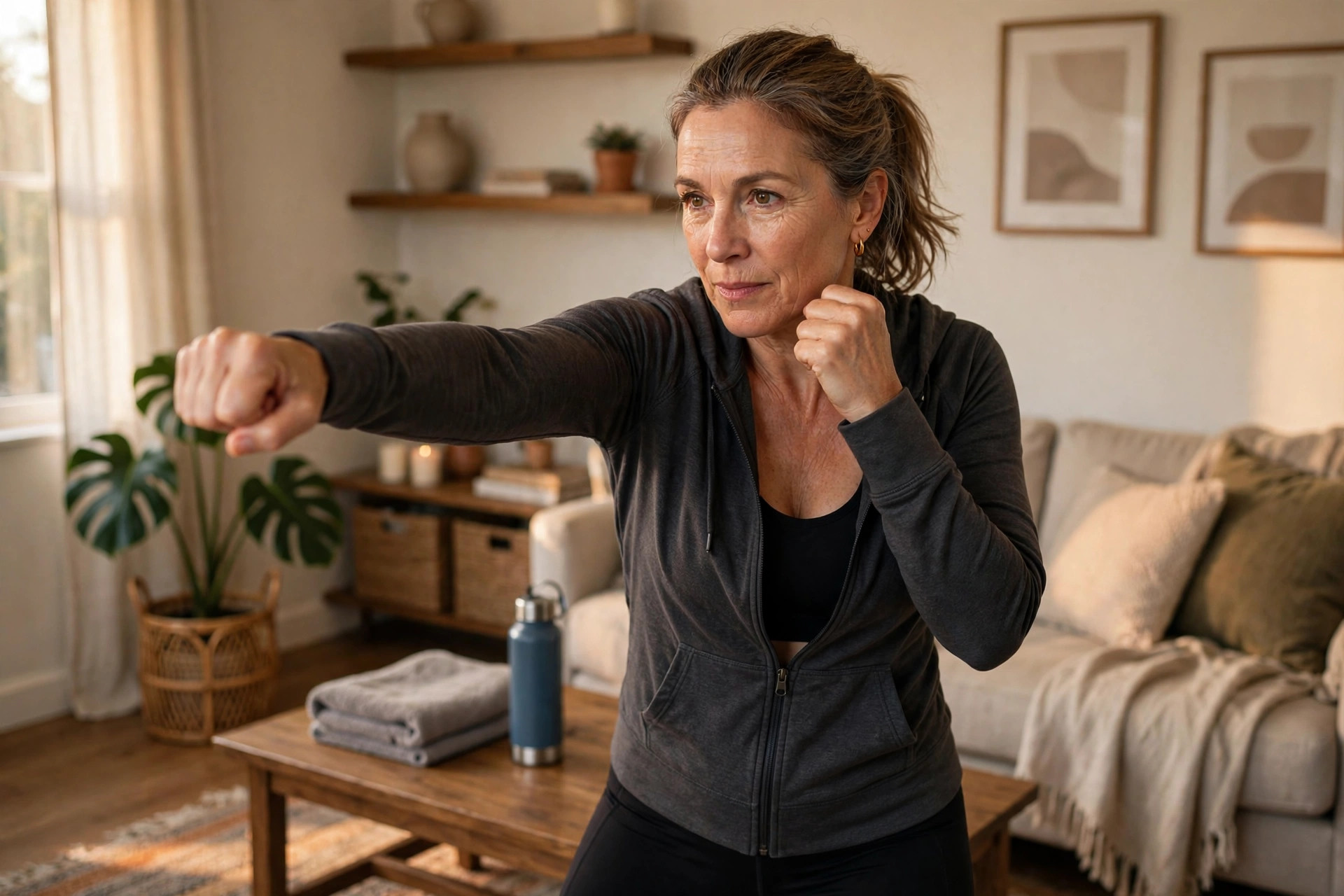 Woman in her 50s doing shadow boxing