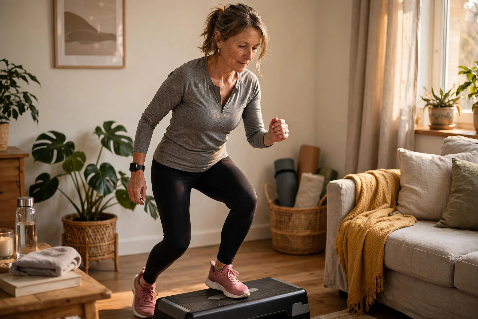 Woman in her 50s doing low step aerobics