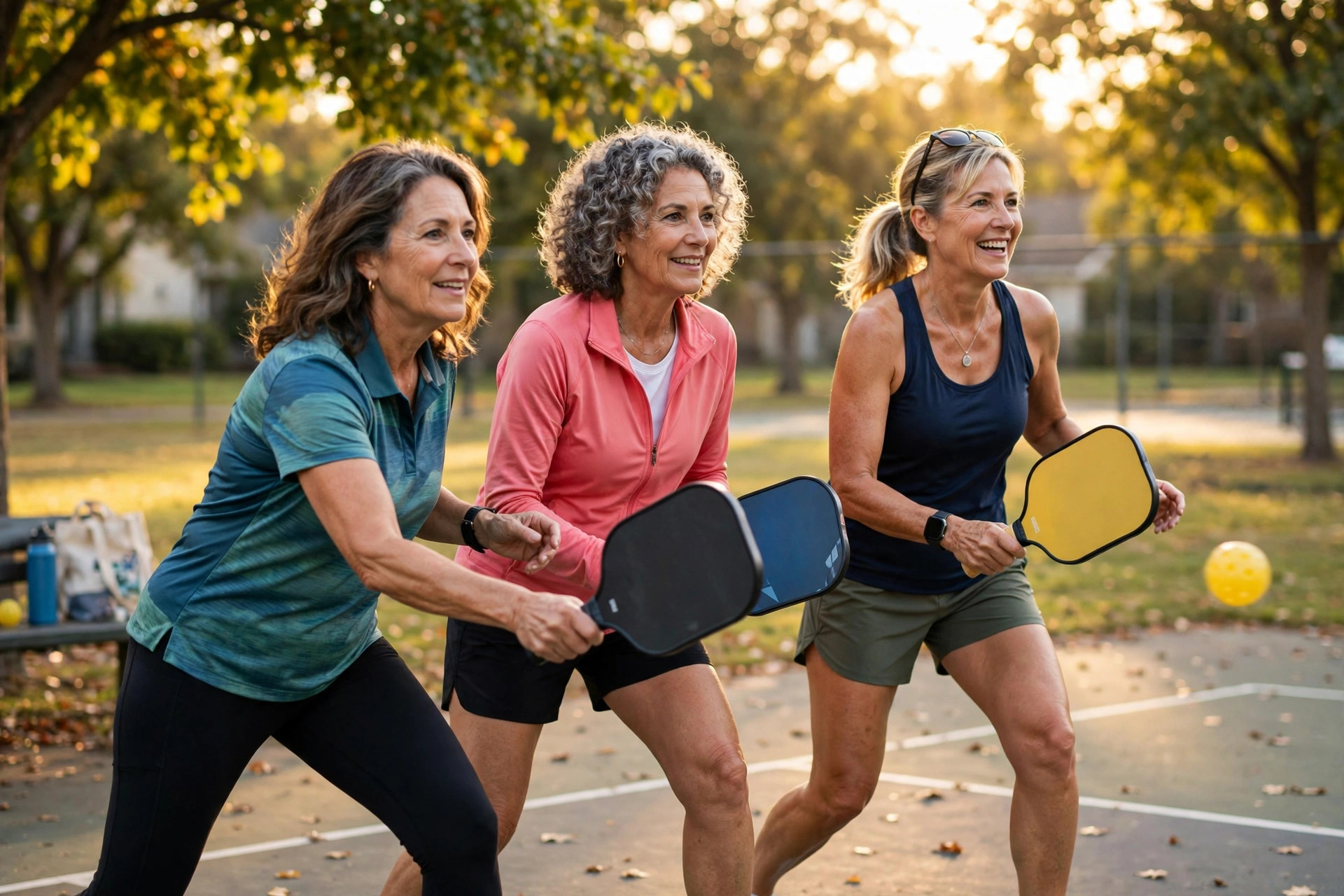 Women in their 50s playing pickleball