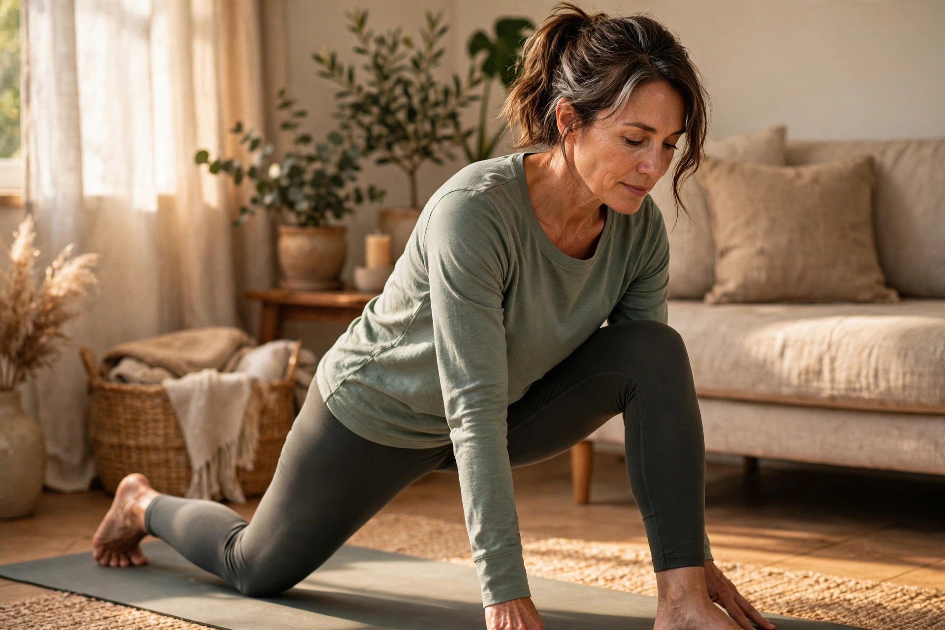 Woman in her 50s doing gentle vinyasa flow