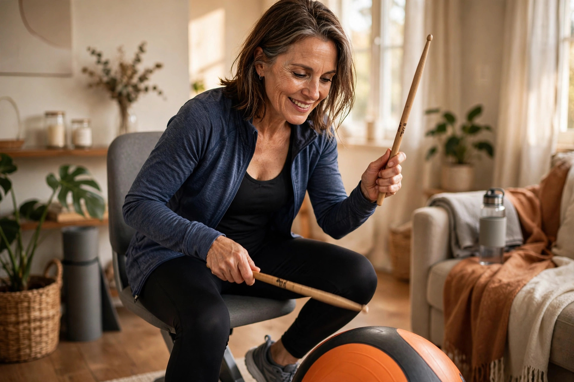 Woman in her 50s doing chair cardio drumming