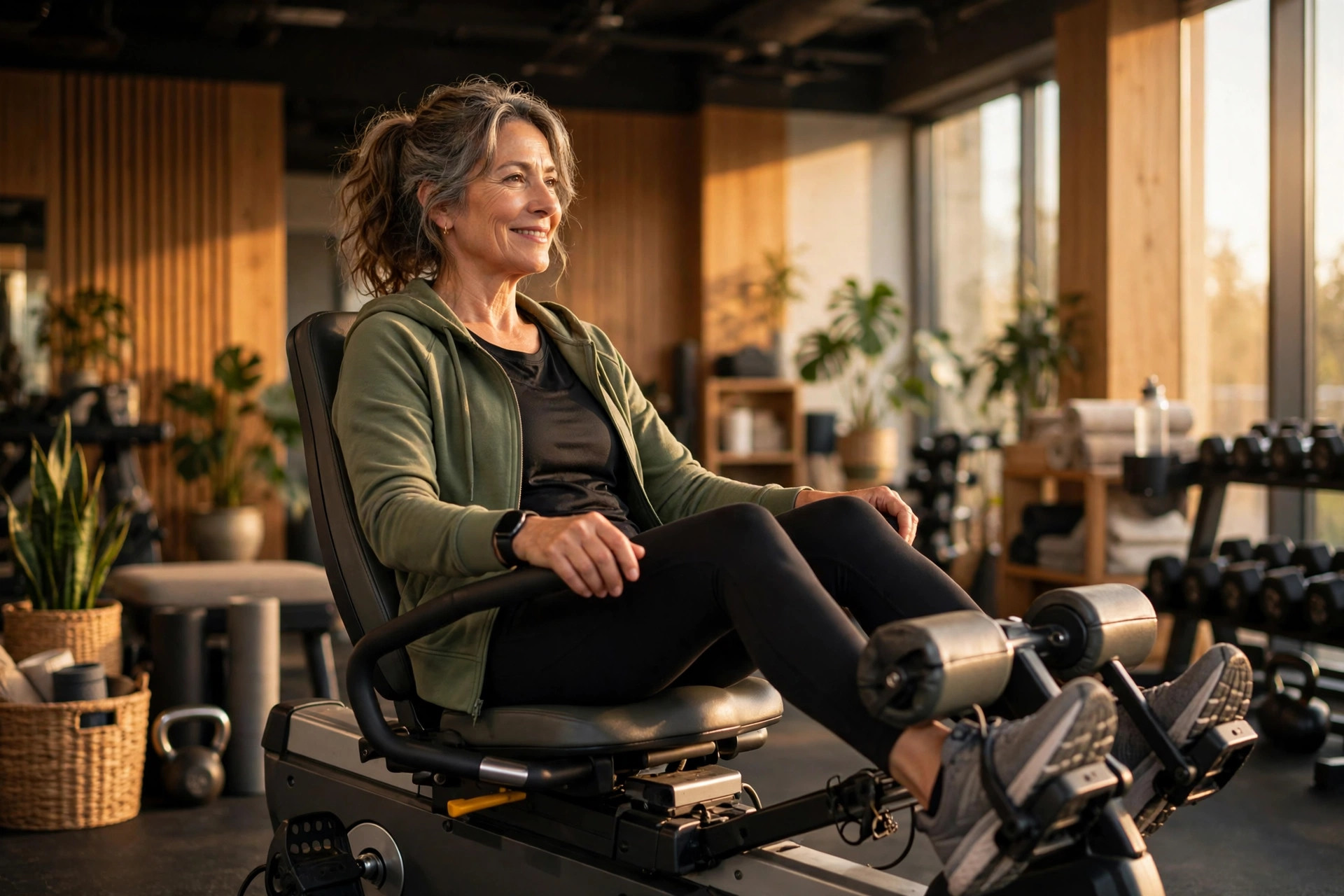 Woman in her 50s on a recumbent bike