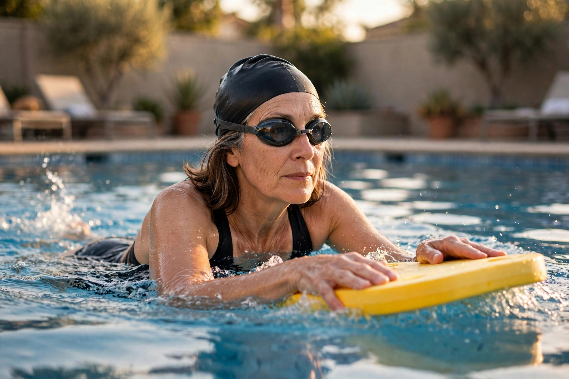 Woman in her 50s doing kickboard laps