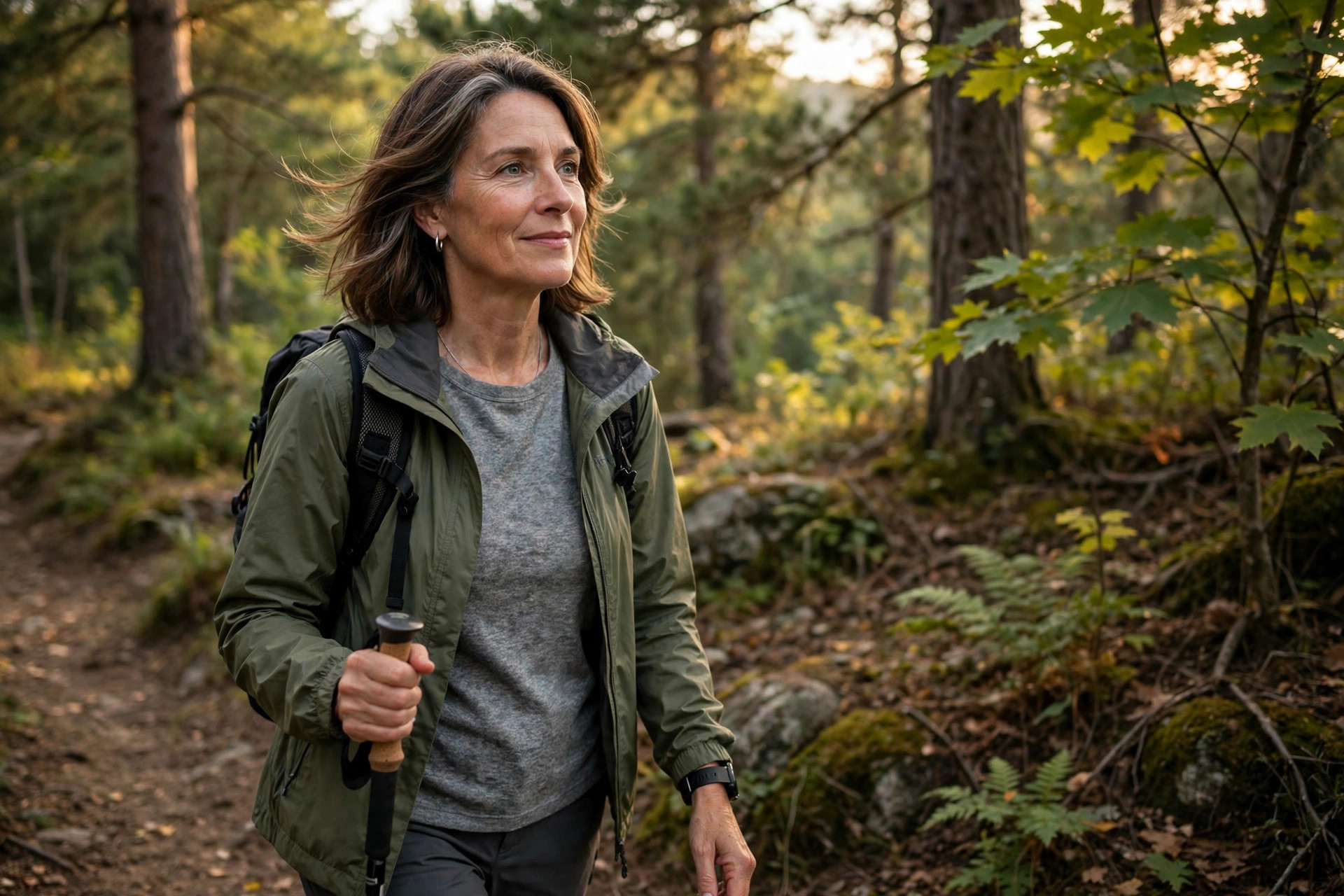 Woman in her 50s trail walking in a forest