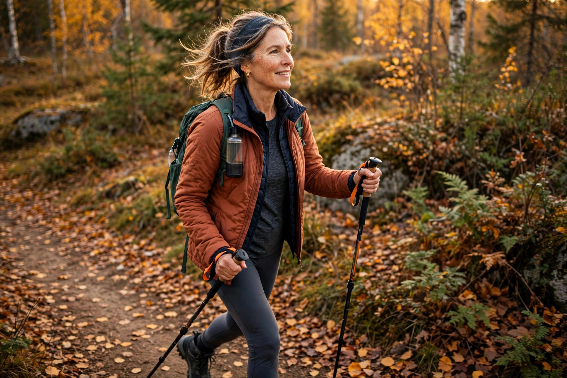 Woman in her 50s nordic walking with poles