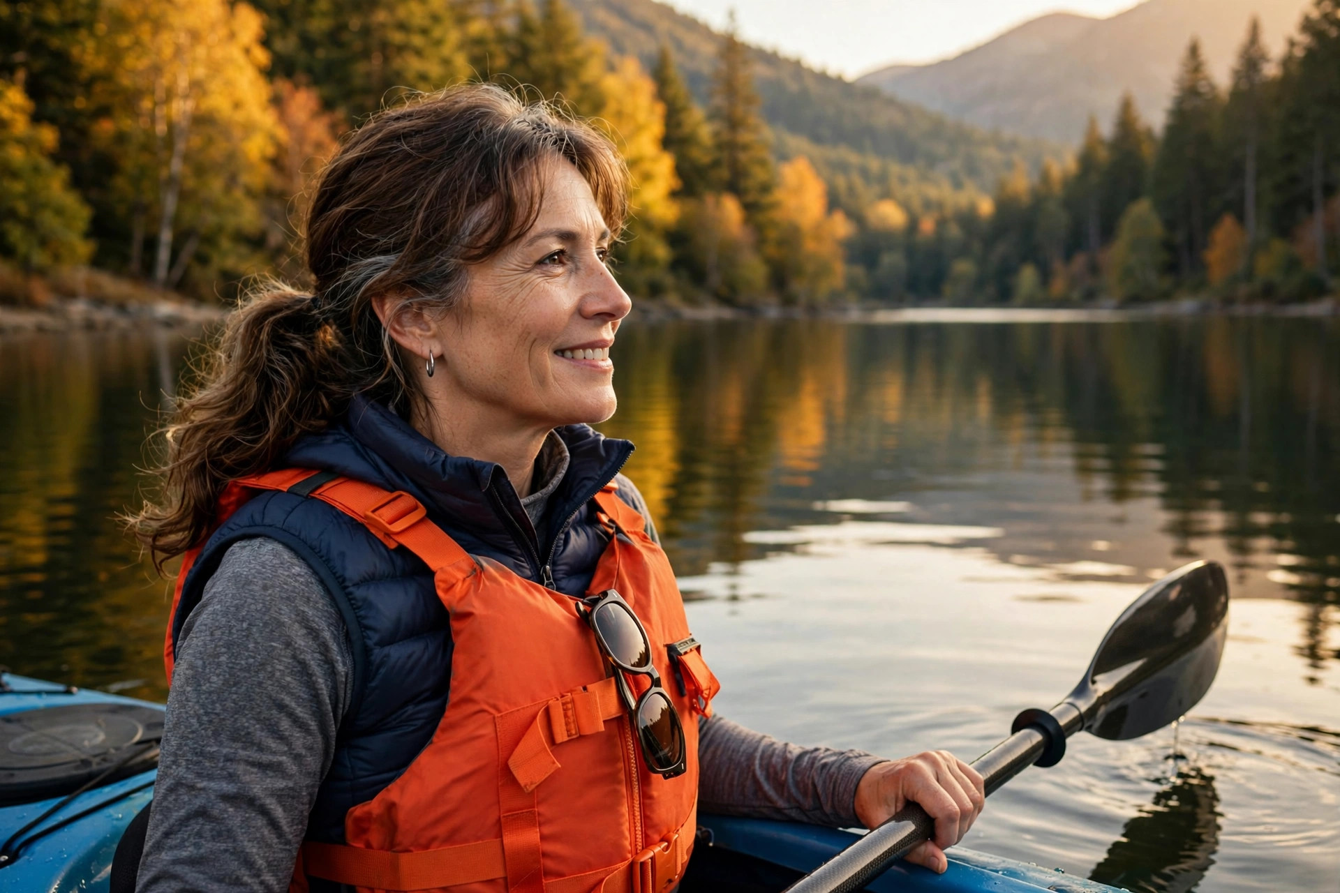 Woman in her 50s kayaking on a calm lake