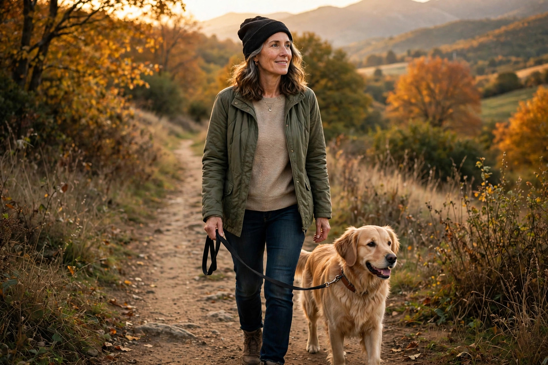 Woman in her 50s walking her dog