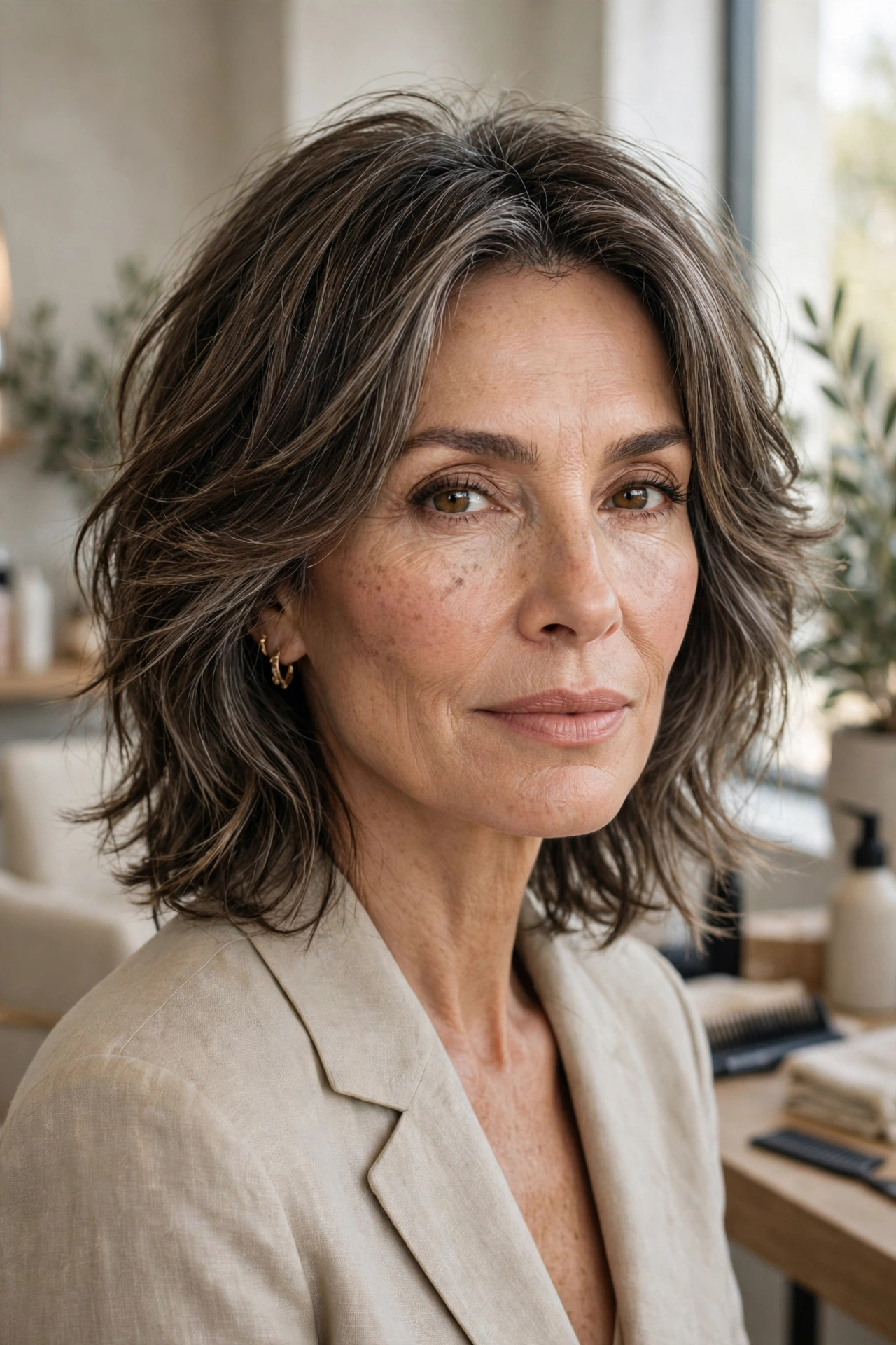 Feathered face-frame medium shag on a woman over 50