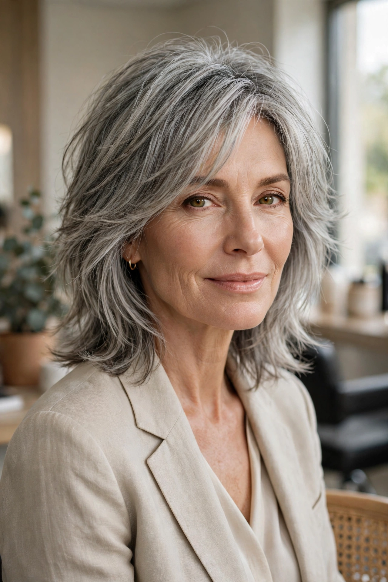 Silver layered medium shag on natural gray hair