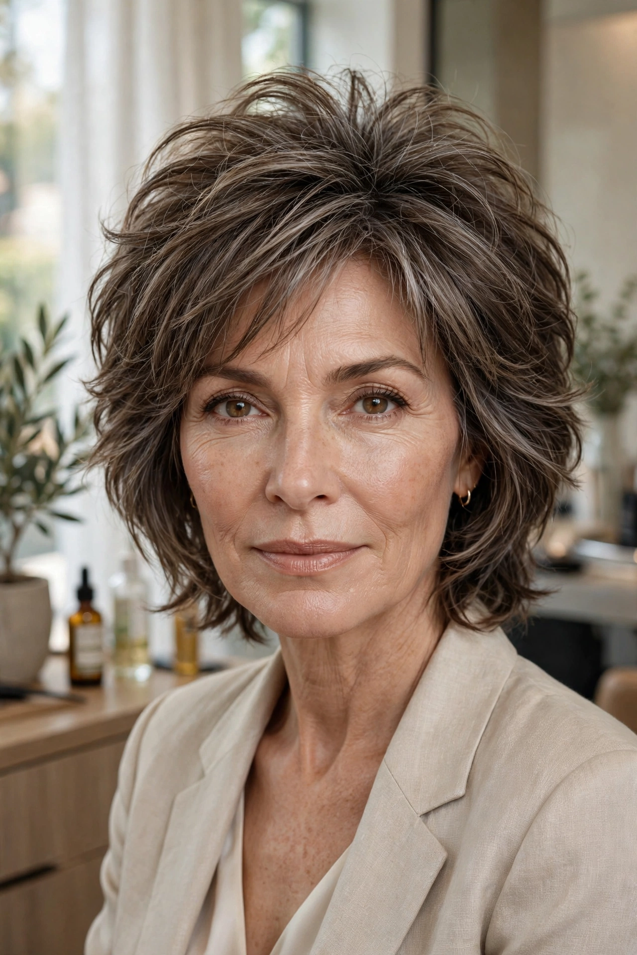 Rounded crown medium shag with lifted top layers