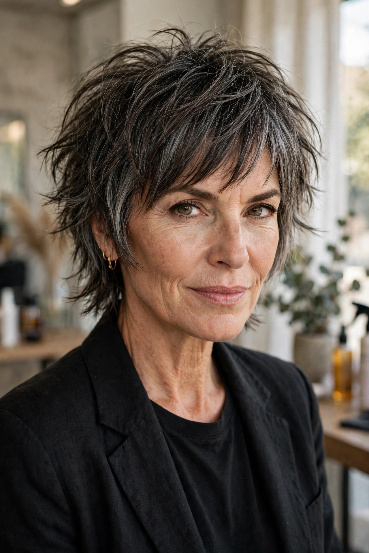 Bold razor-cut medium shag with wispy edges