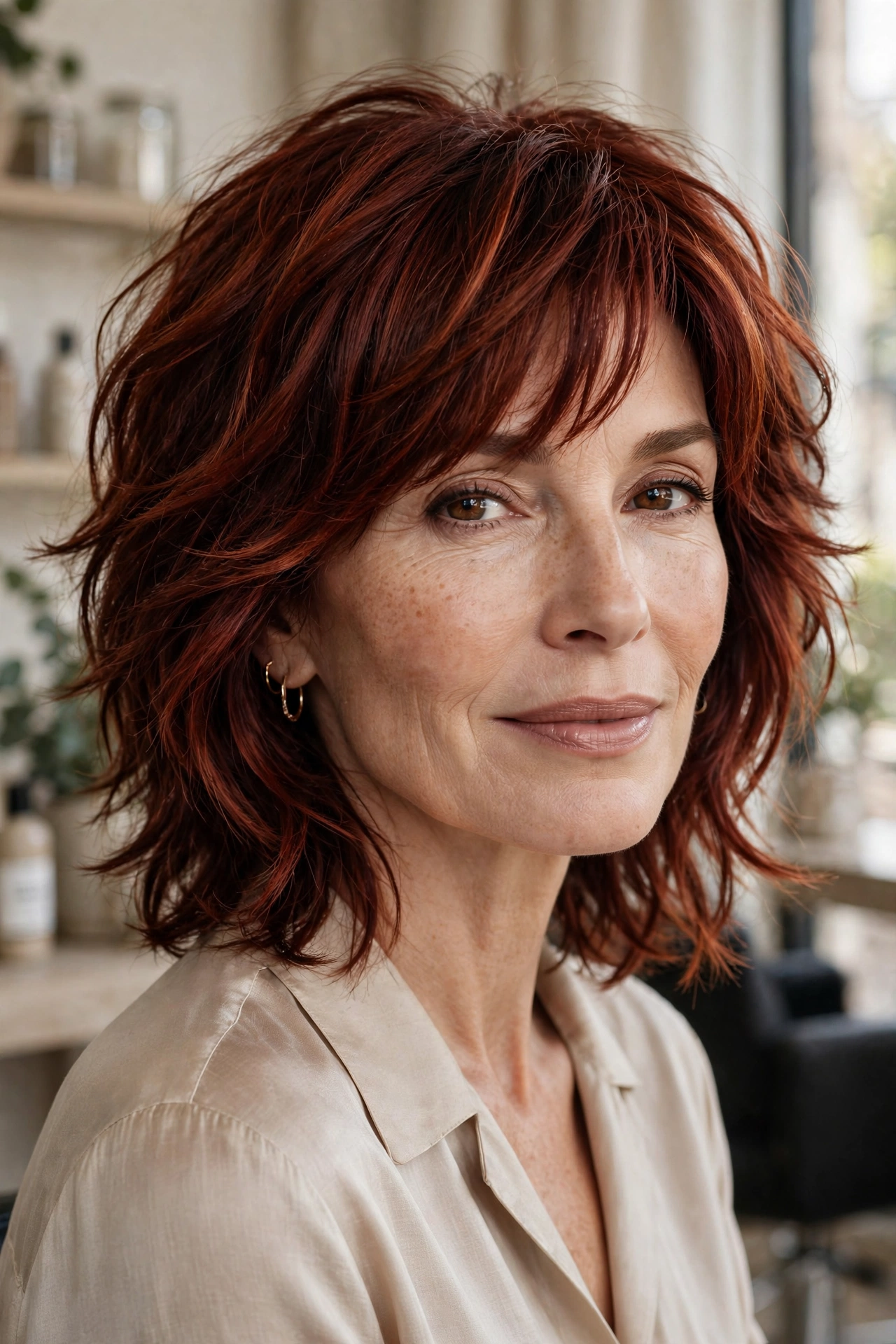 Deep auburn medium shag with soft bends