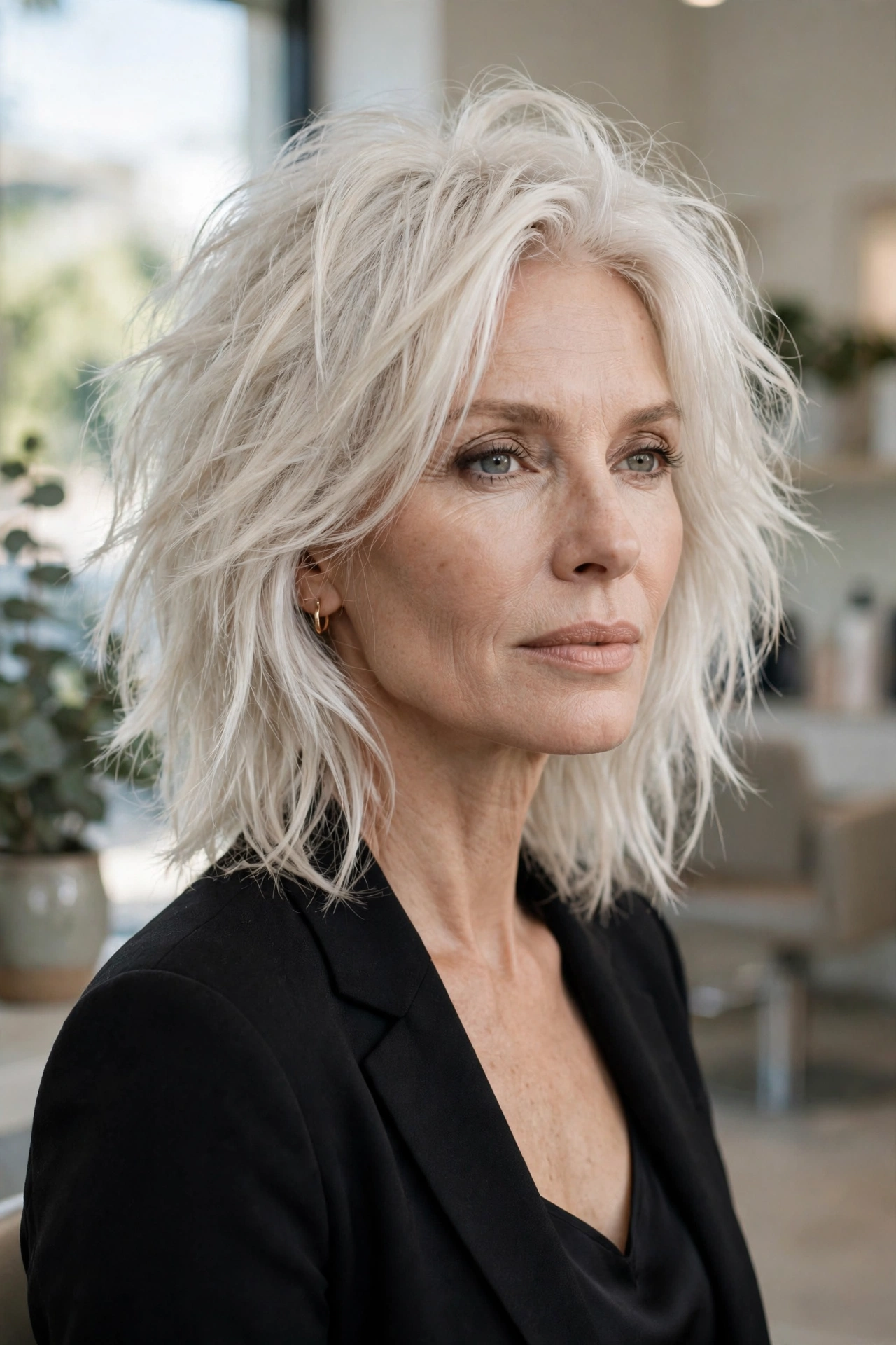 Icy platinum blonde medium shag