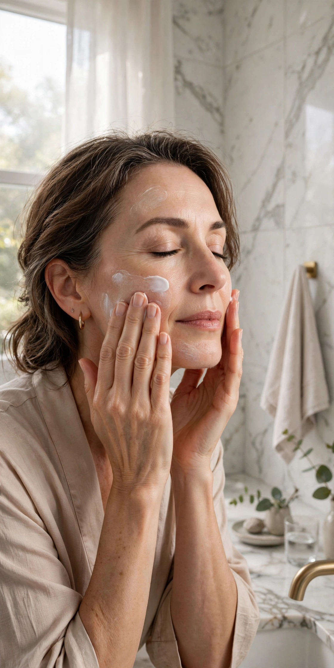 A woman in her 50s massaging cream cleanser onto her face in a bright bathroom