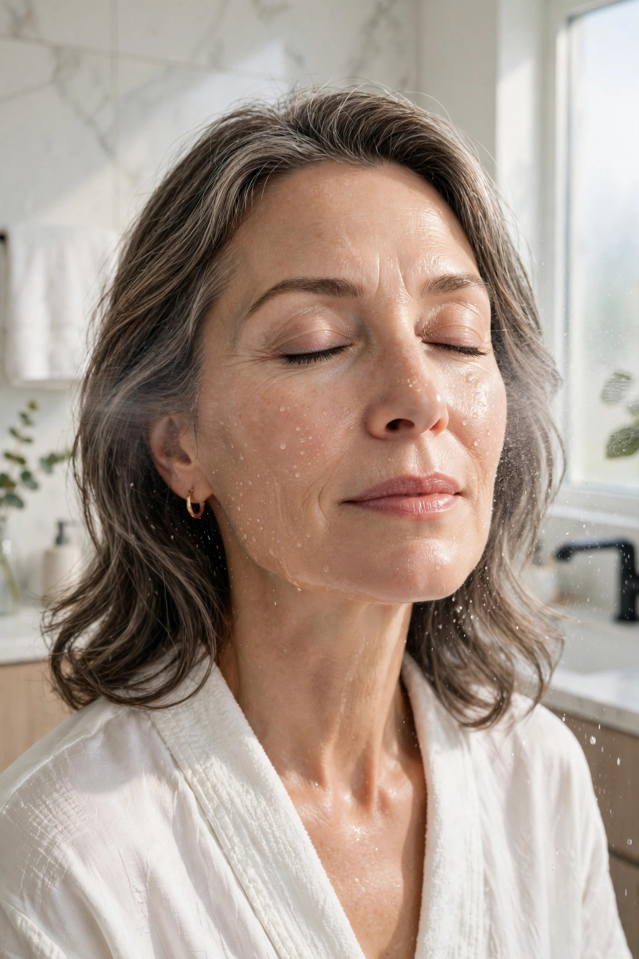A woman in her 50s with eyes closed as hydrating mist touches her face