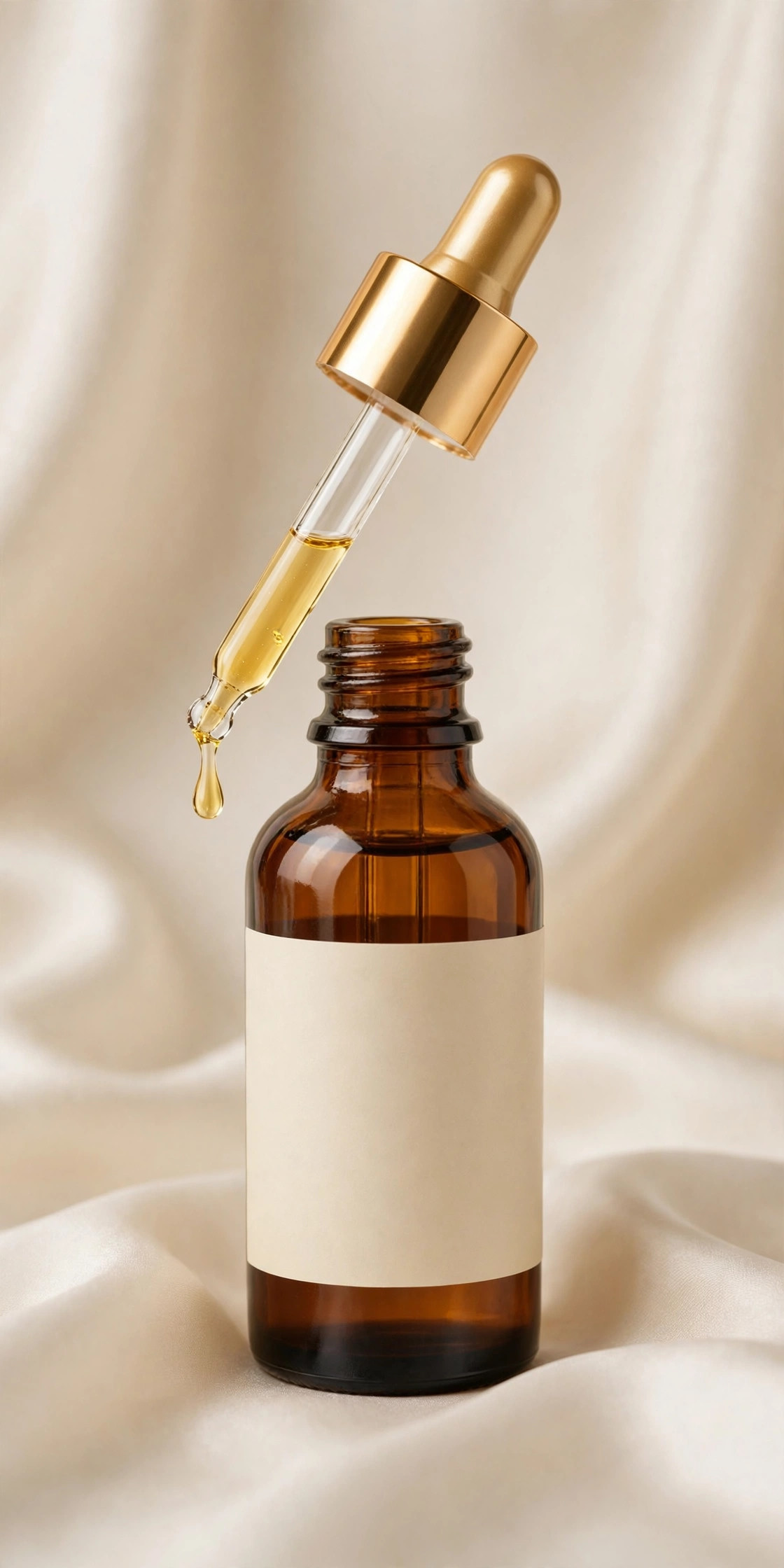 Amber glass serum dropper bottle with golden vitamin C serum drop