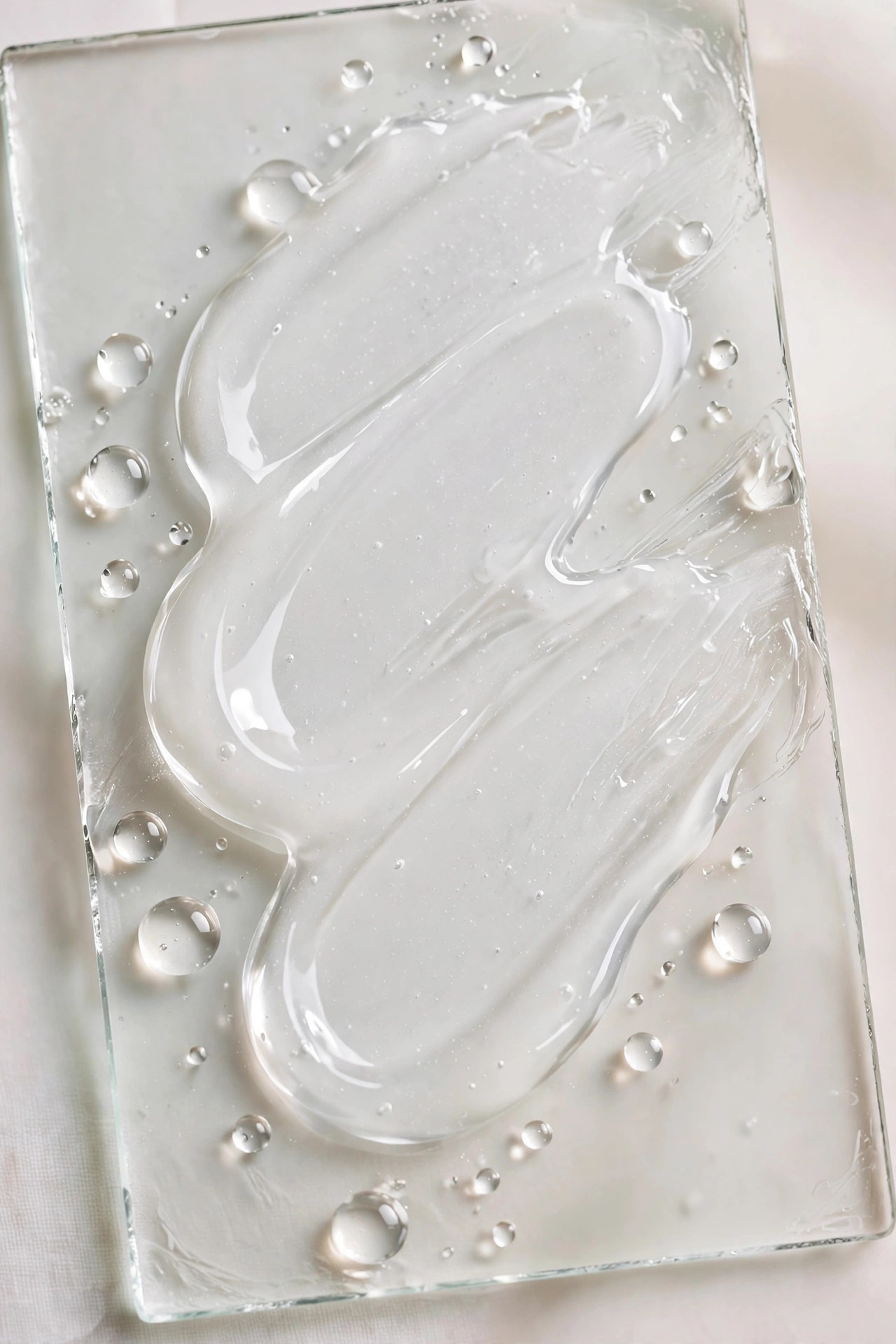 Clear niacinamide serum texture swatch with droplets on glass