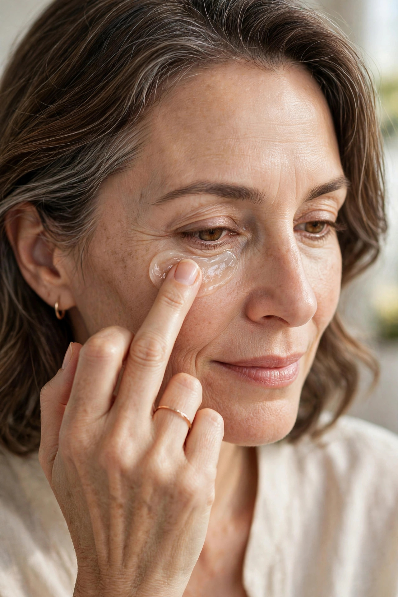 A woman in her 50s applying eye gel under her eye with her fingertip