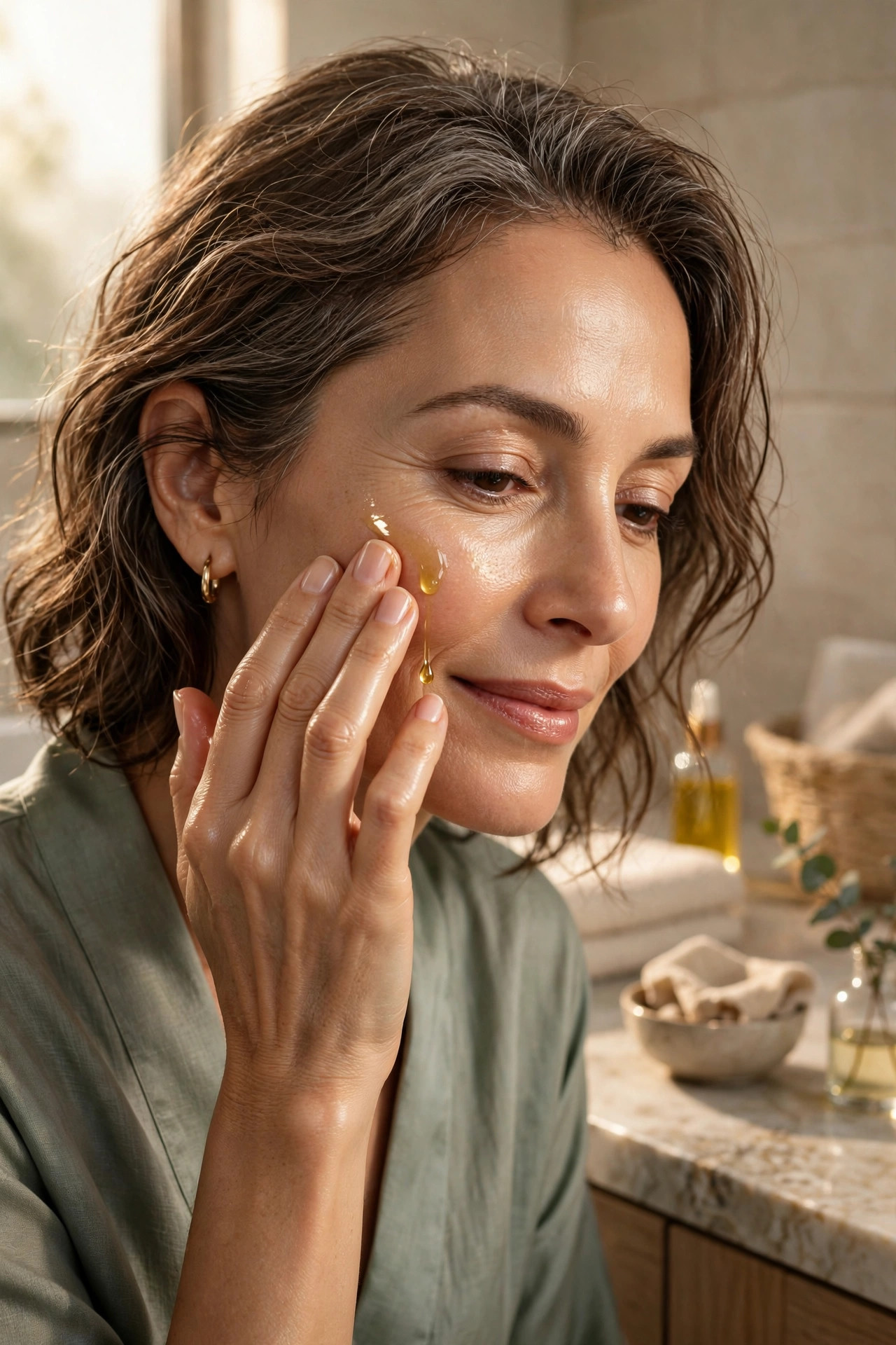 A woman in her 50s pressing golden facial oil onto her cheek with fingertips