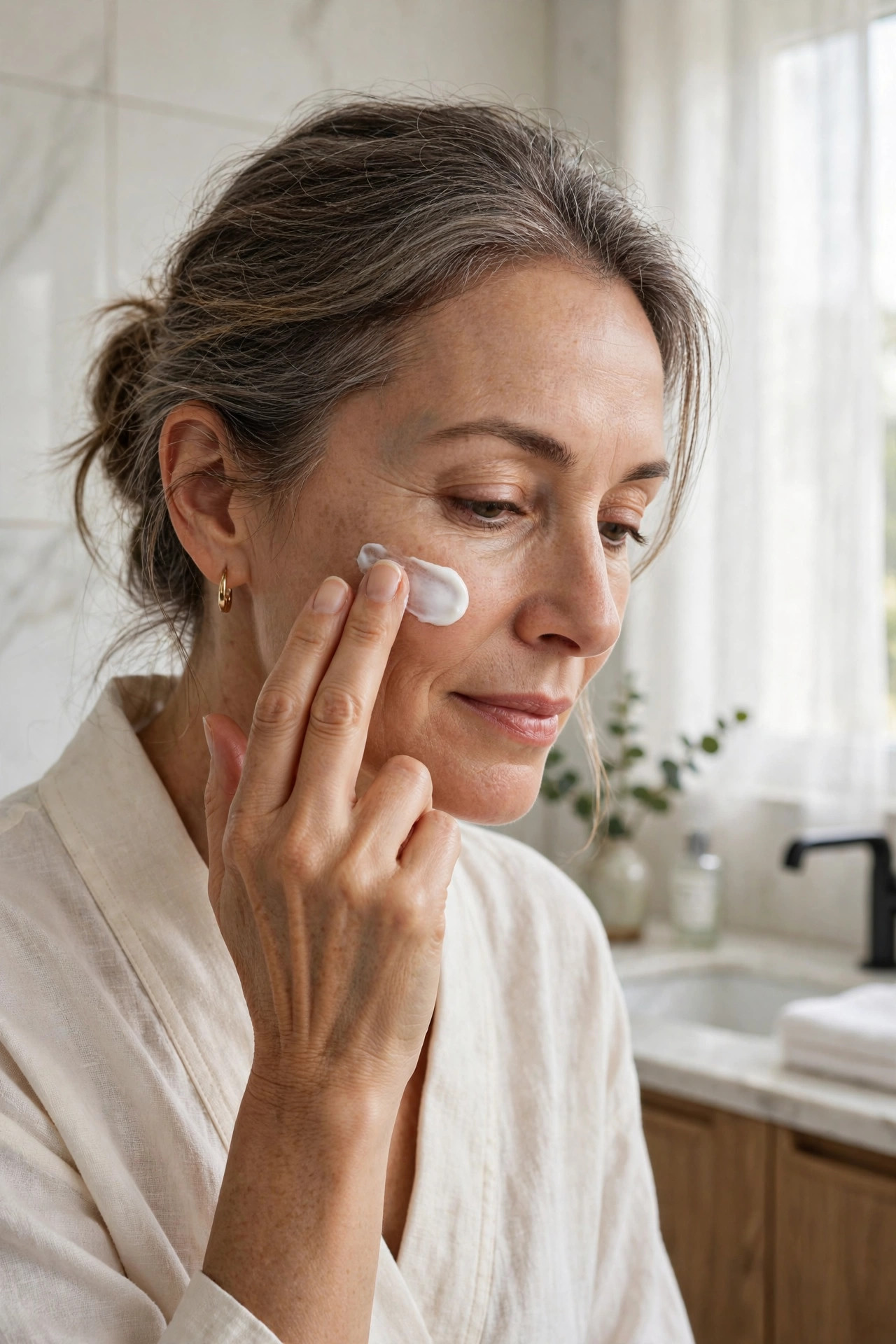 A woman in her 50s smoothing white sunscreen cream onto her cheek