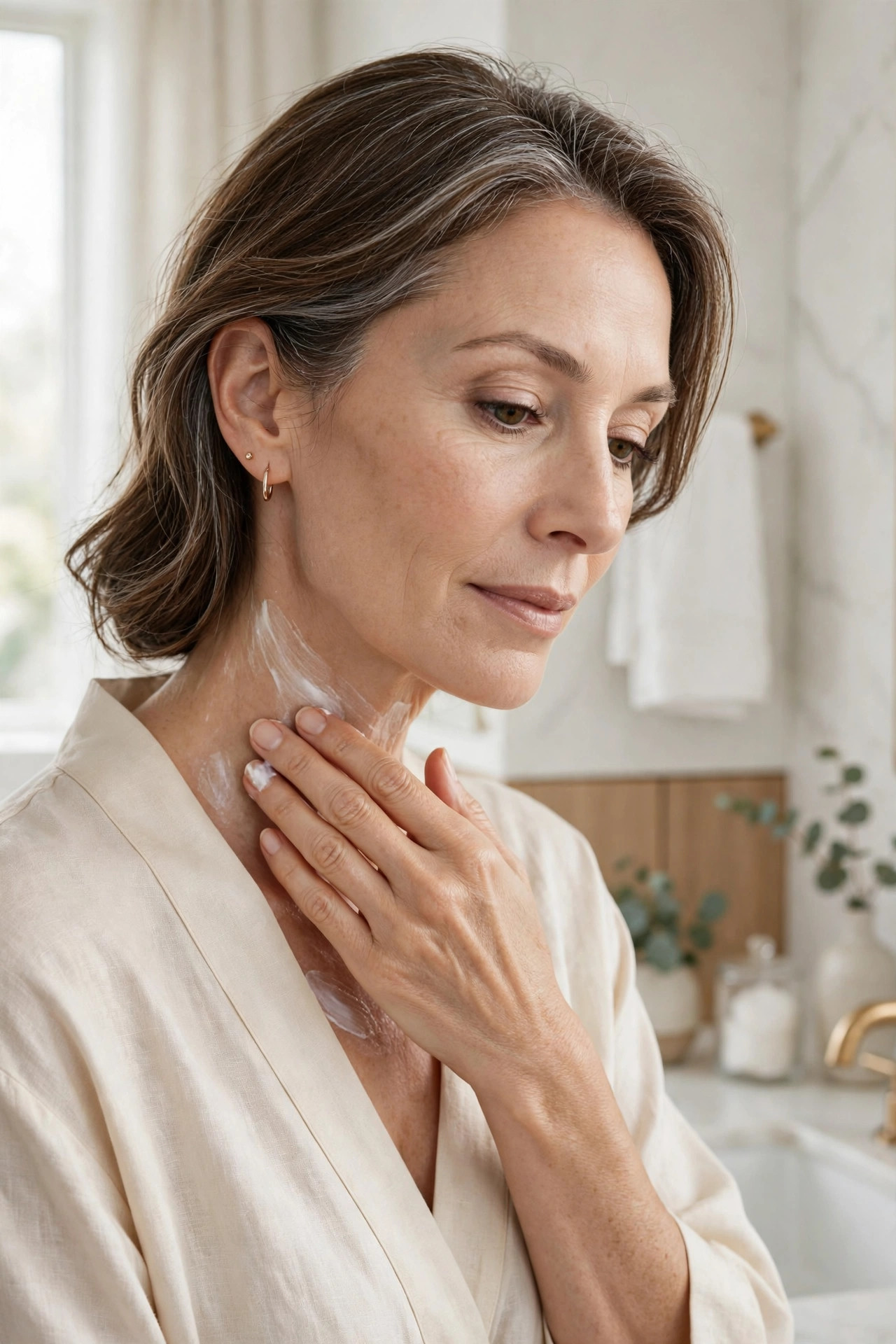 A woman in her 50s applying cream to her neck and decolletage with upward strokes