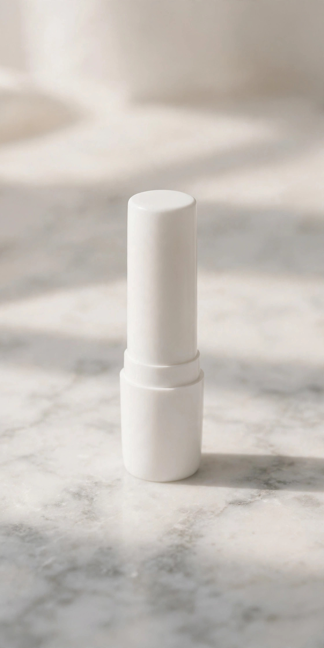 Plain white unbranded lip balm tube on a marble surface