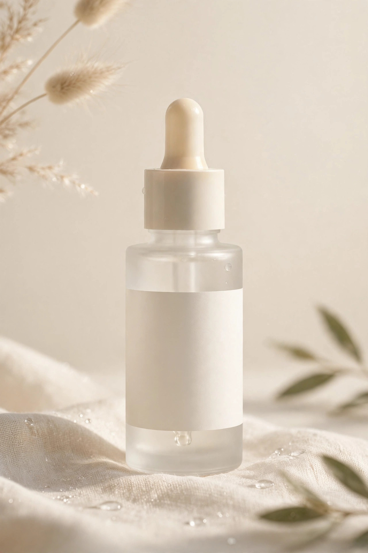 Frosted glass dropper bottle of peptide serum in morning light