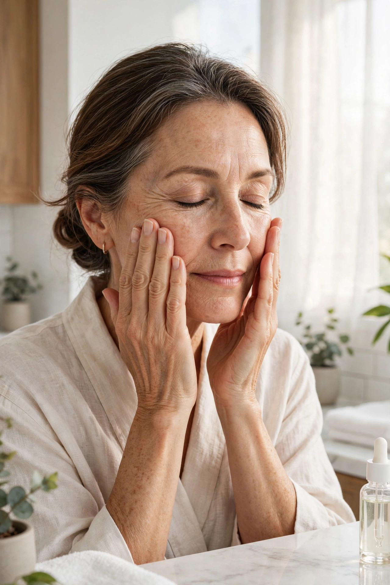 A woman in her 50s pressing lightweight antioxidant essence into her face