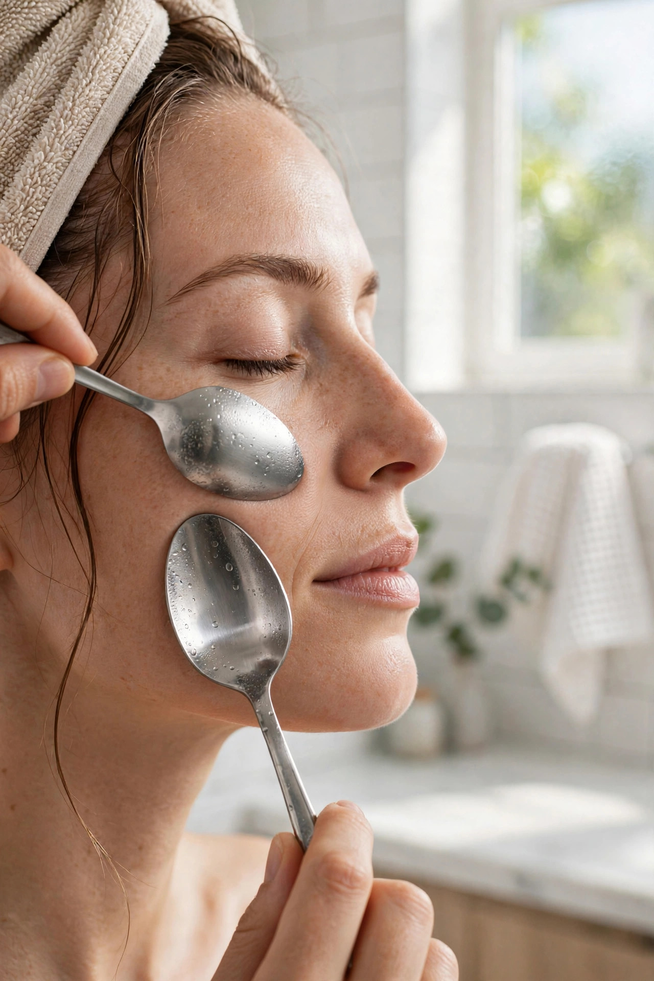 Two chilled metal spoons gliding over a woman's cheek