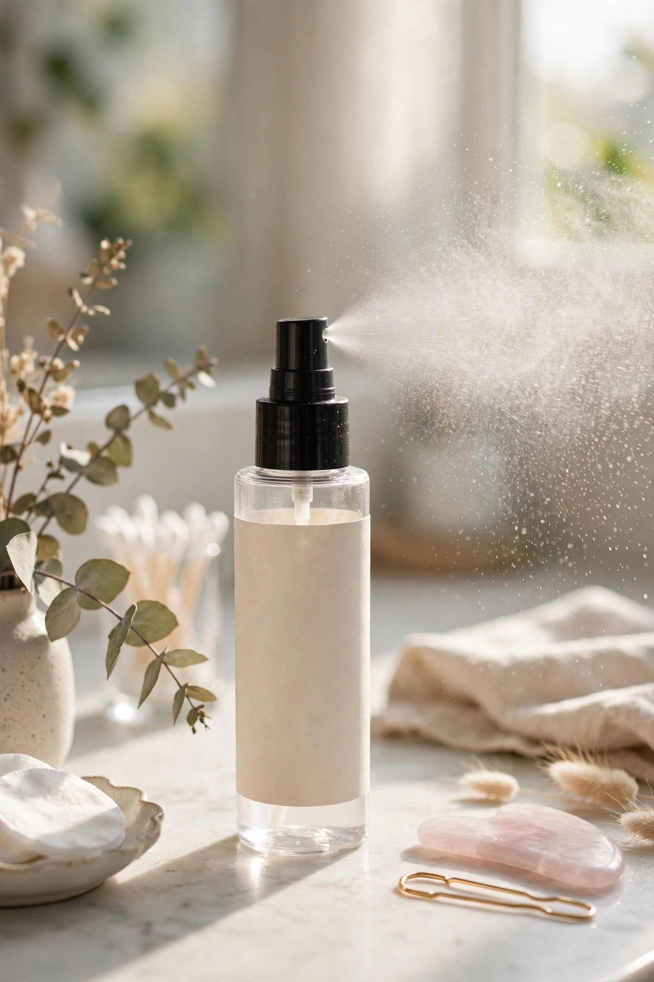 SPF setting spray misting in fine droplets over a vanity