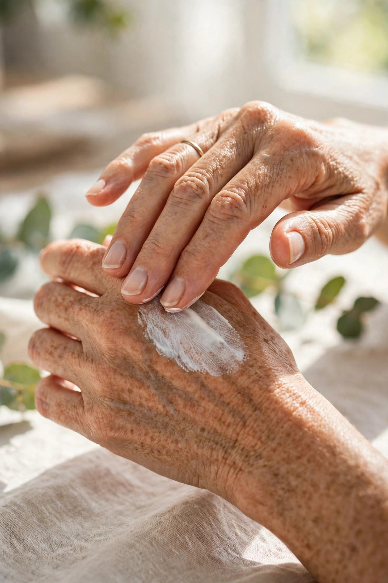 Close-up of a woman's hands applying SPF to the backs of her hands