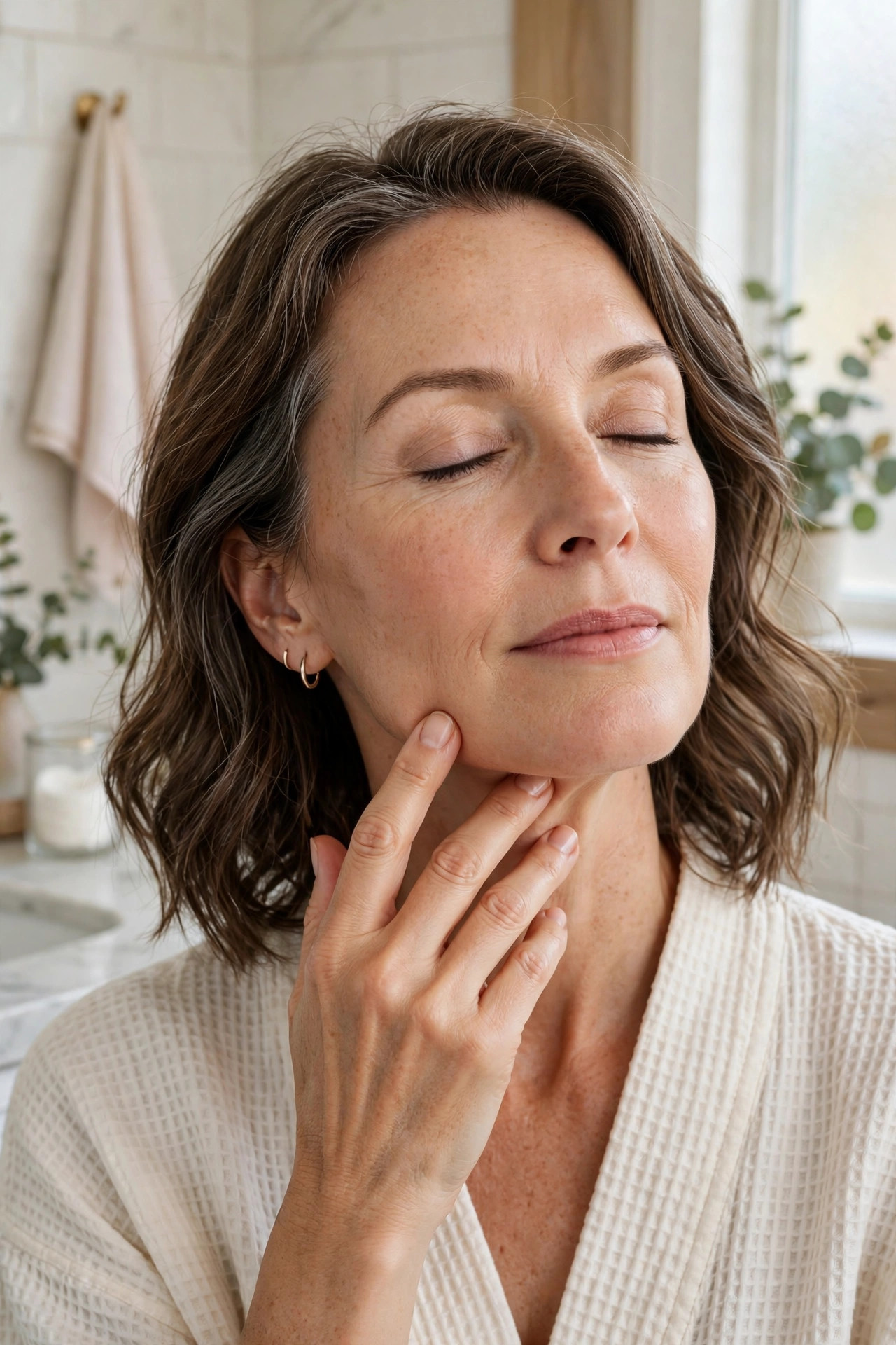 A woman in her 50s doing a gentle lymphatic sweep along her jawline