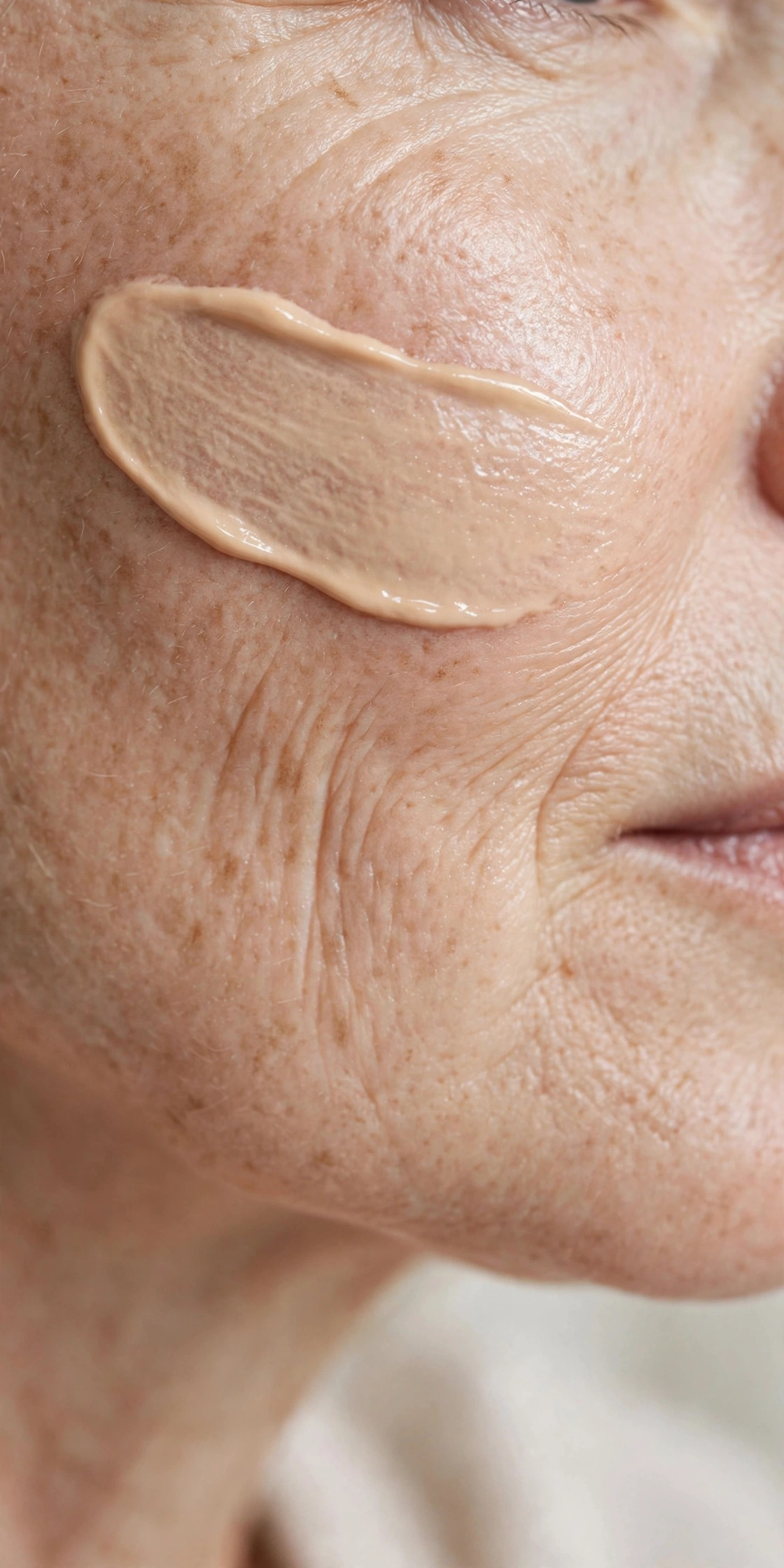 Swatch of tinted SPF cream with dewy finish on mature skin