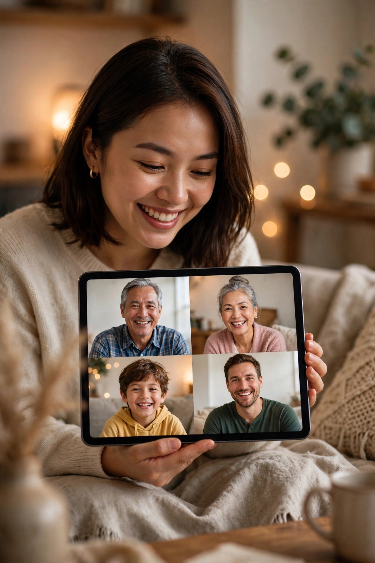 Family video call with smiling faces on a tablet, video montage Mothers Day gift