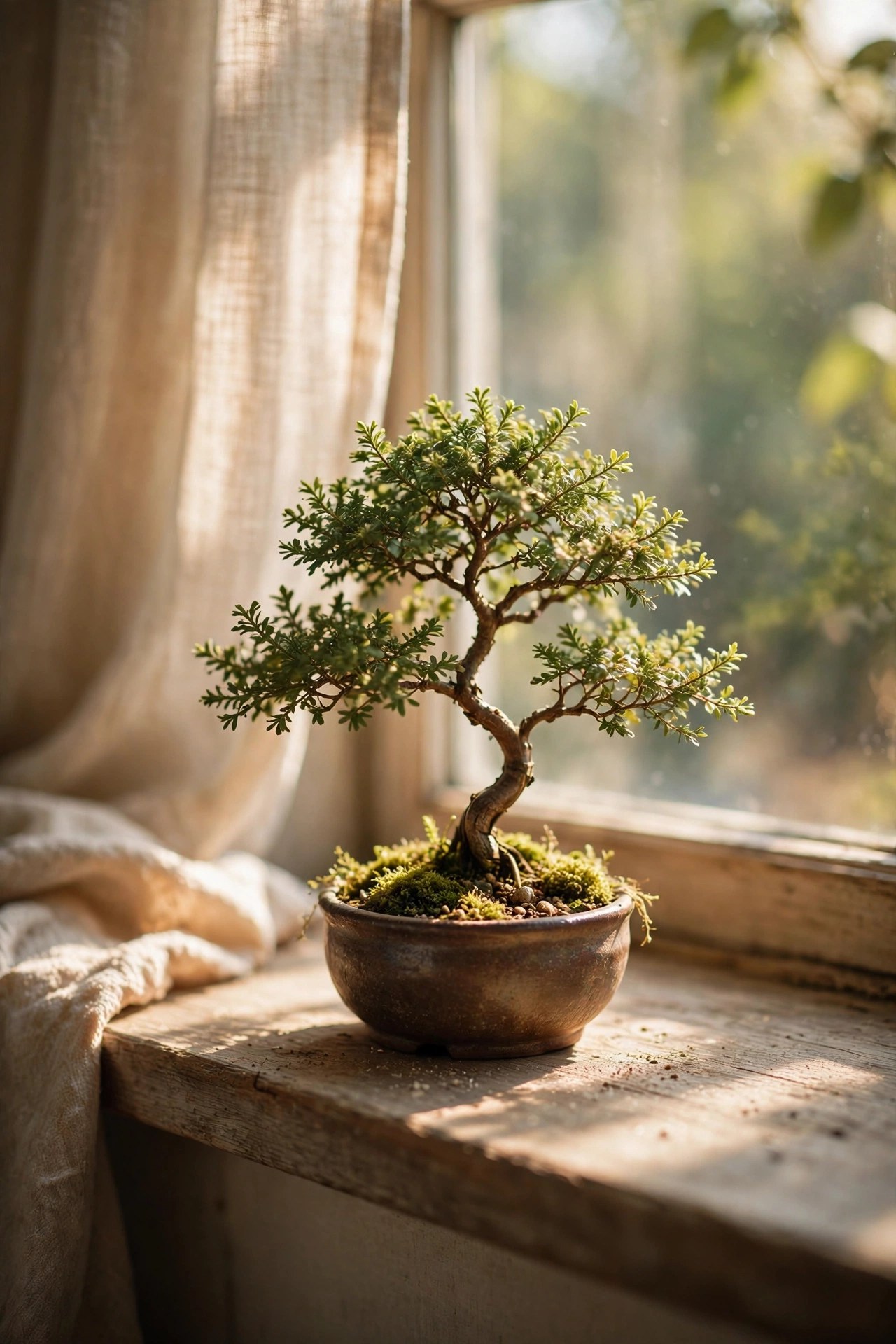 Beautiful bonsai tree on a sunny windowsill, lasting Mothers Day gift for mom