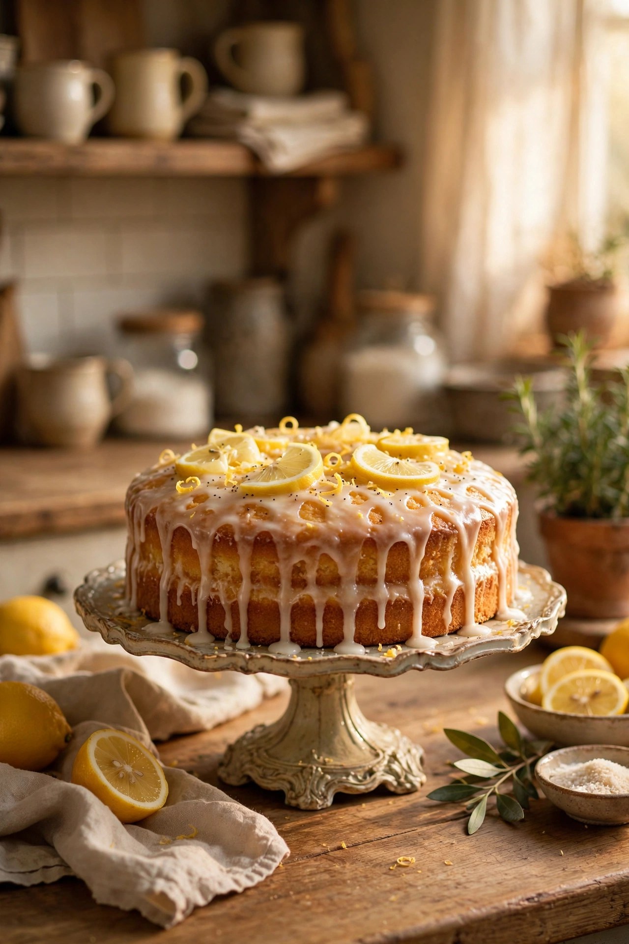 Homemade lemon cake on a cake stand, homemade Mothers Day dessert gift