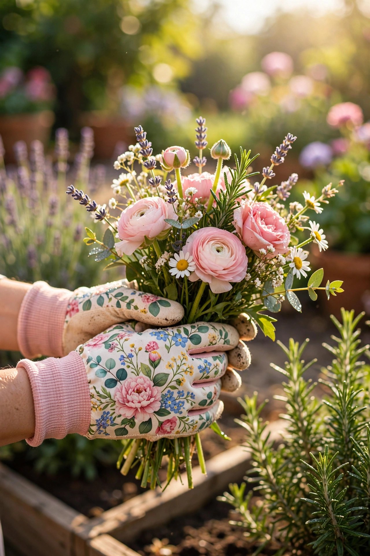 Beautiful gardening gloves with flowers in a garden, small thoughtful Mothers Day gift