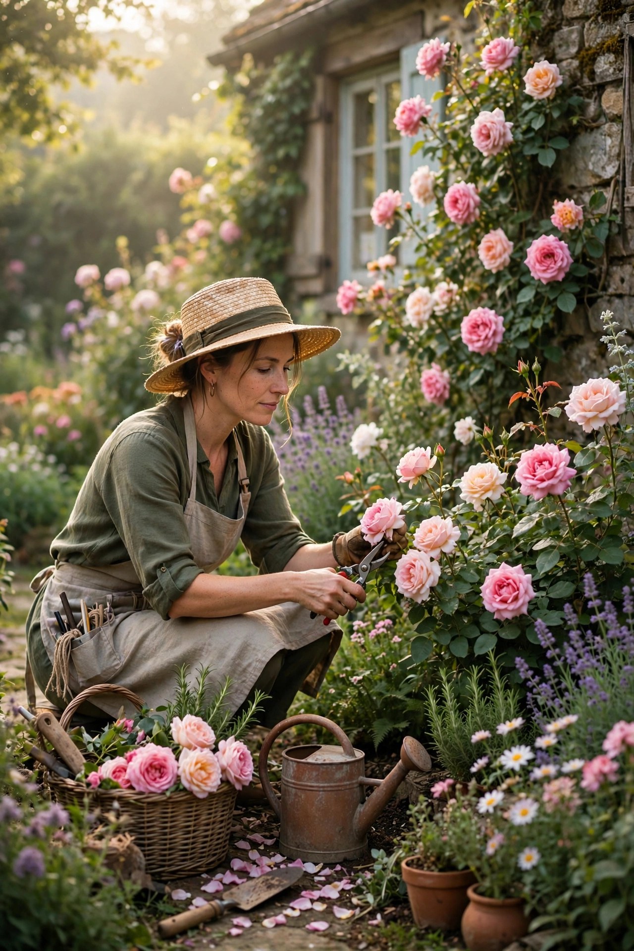 Gardener tending a blooming cottage garden, helpful Mothers Day gift for older mom
