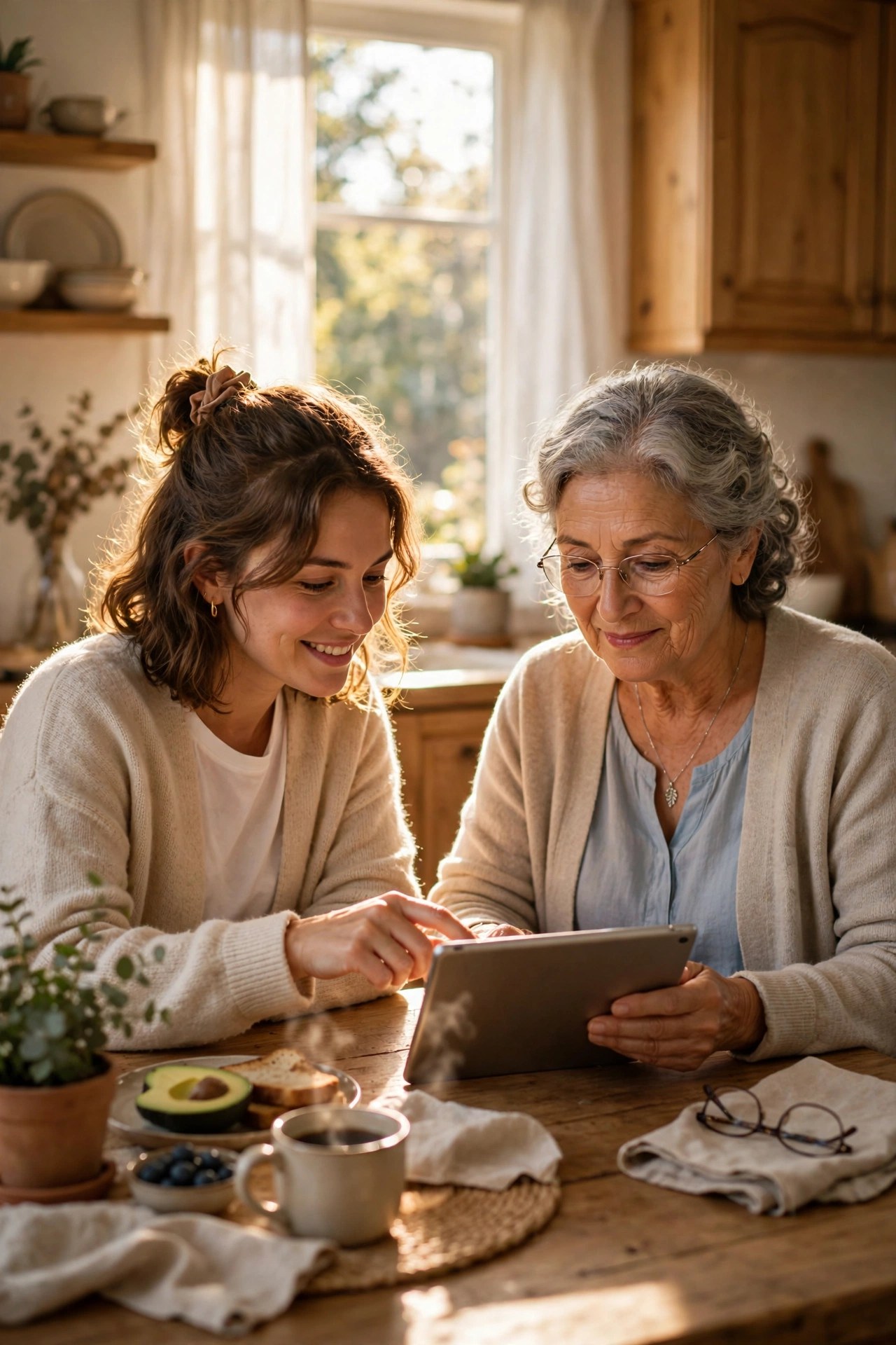 Adult child helping older mother with tablet at kitchen table, thoughtful gift