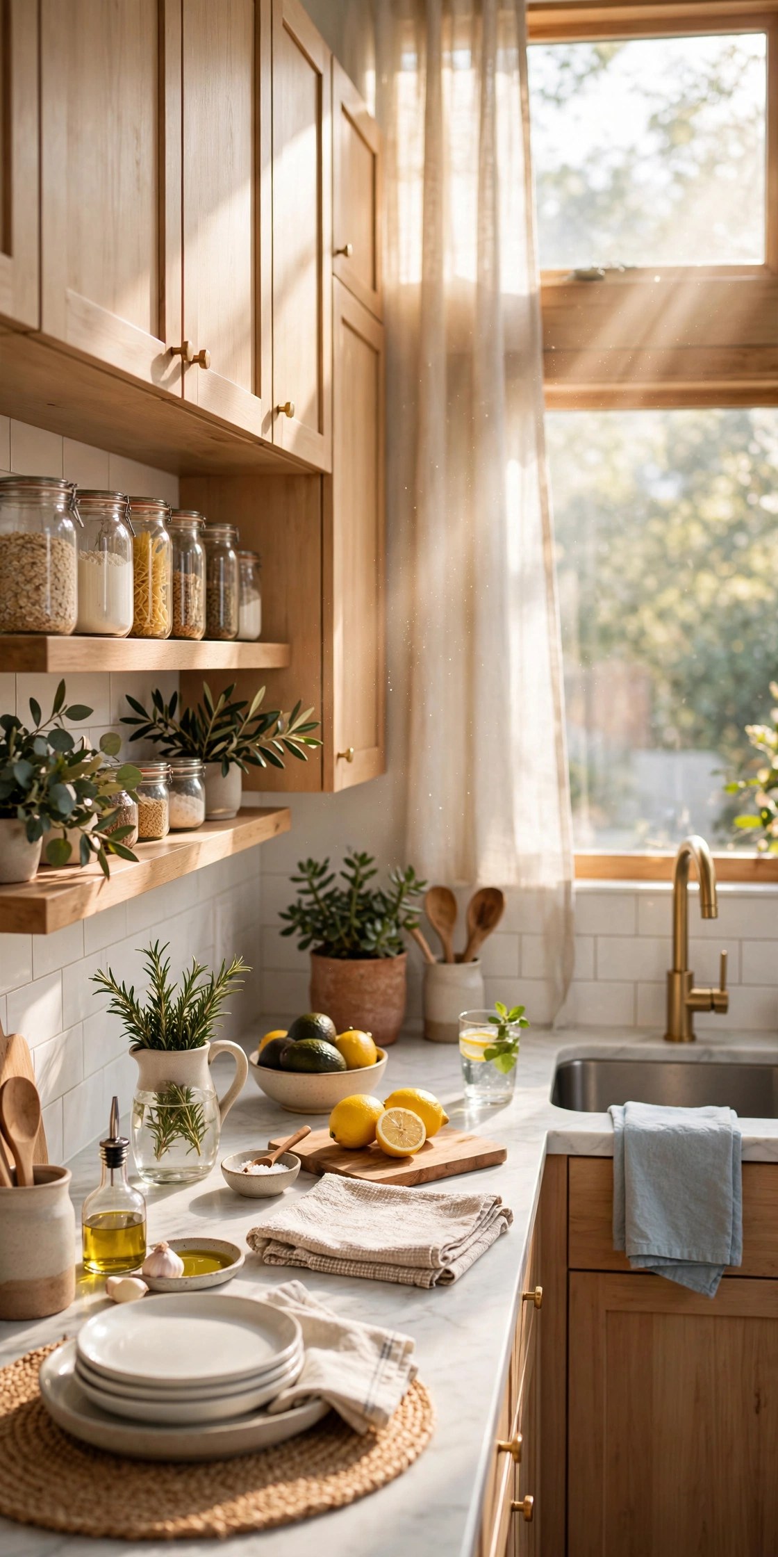 Sparkling clean organized kitchen after deep cleaning, helpful gift for older mom