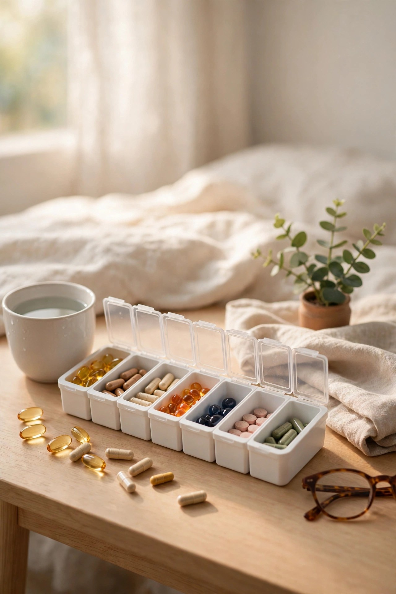 Neat weekly pill organizer with vitamins on a bedside table, caring practical gift