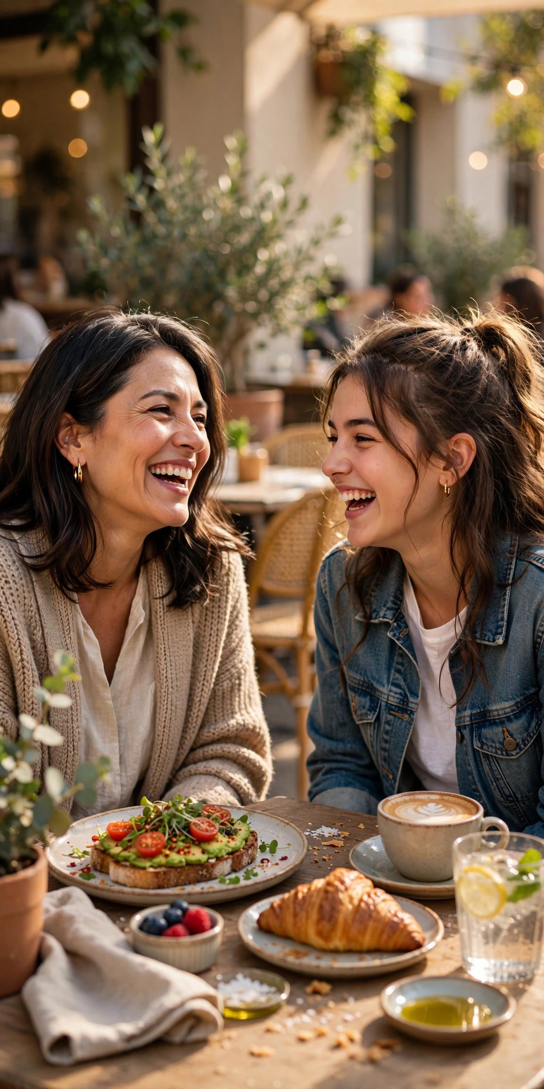 Mother and adult child sharing brunch at a sunny cafe, Mothers Day experience