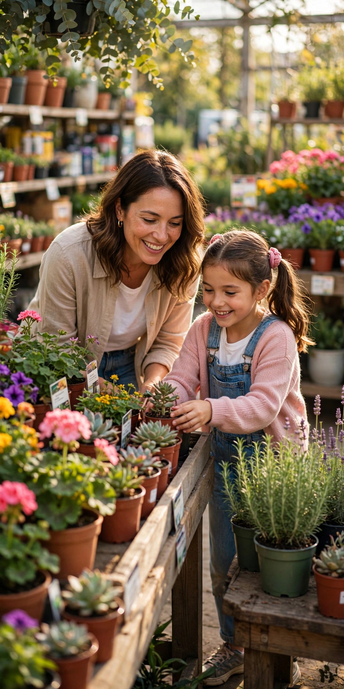 Mother and daughter browsing plants at a garden center, Mothers Day day out