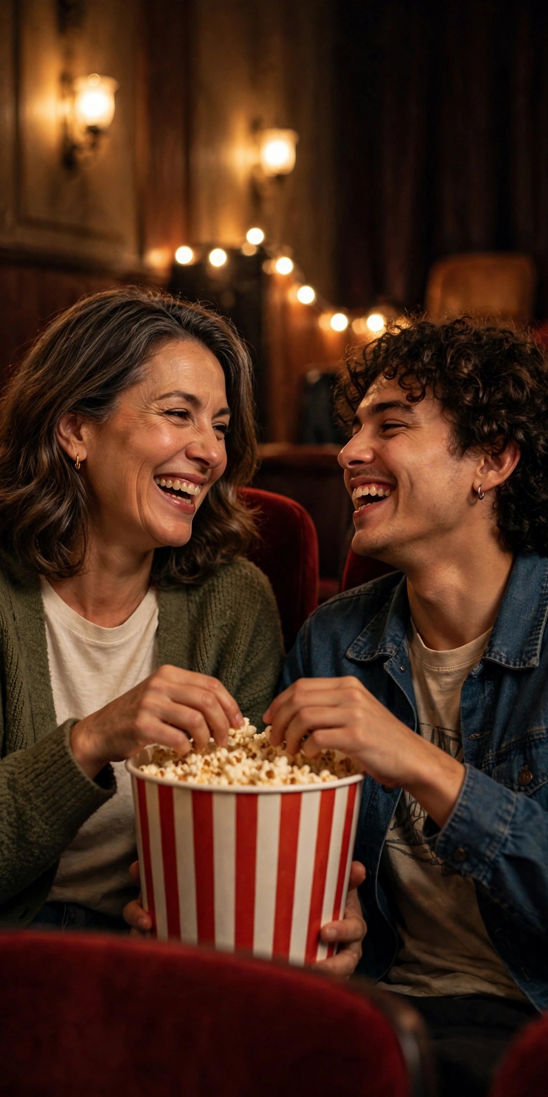 Mother and child sharing popcorn at a cozy cinema matinee, sweet Mothers Day date