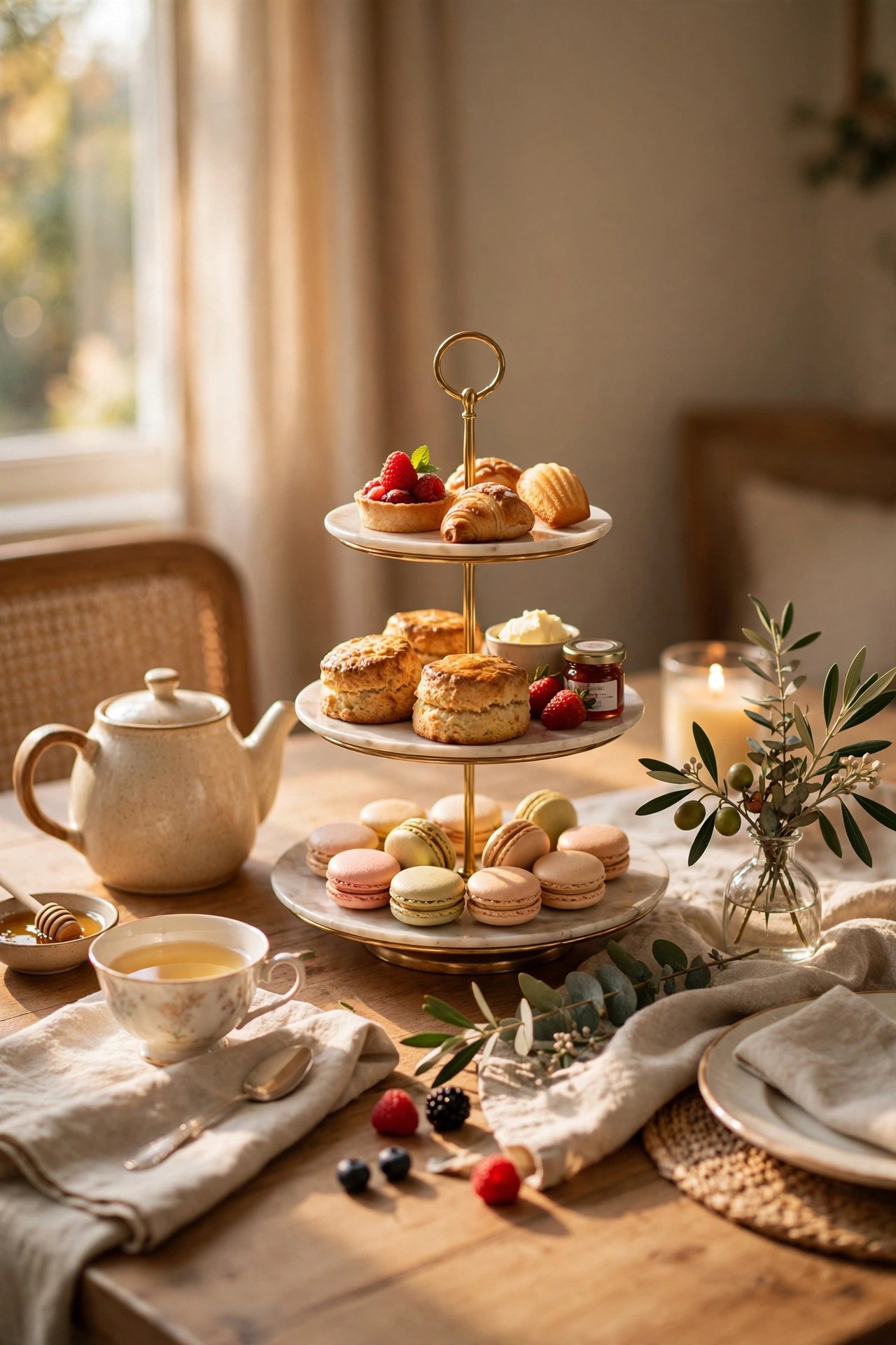 Elegant afternoon tea set up at home with tiered stand, hosted Mothers Day tea