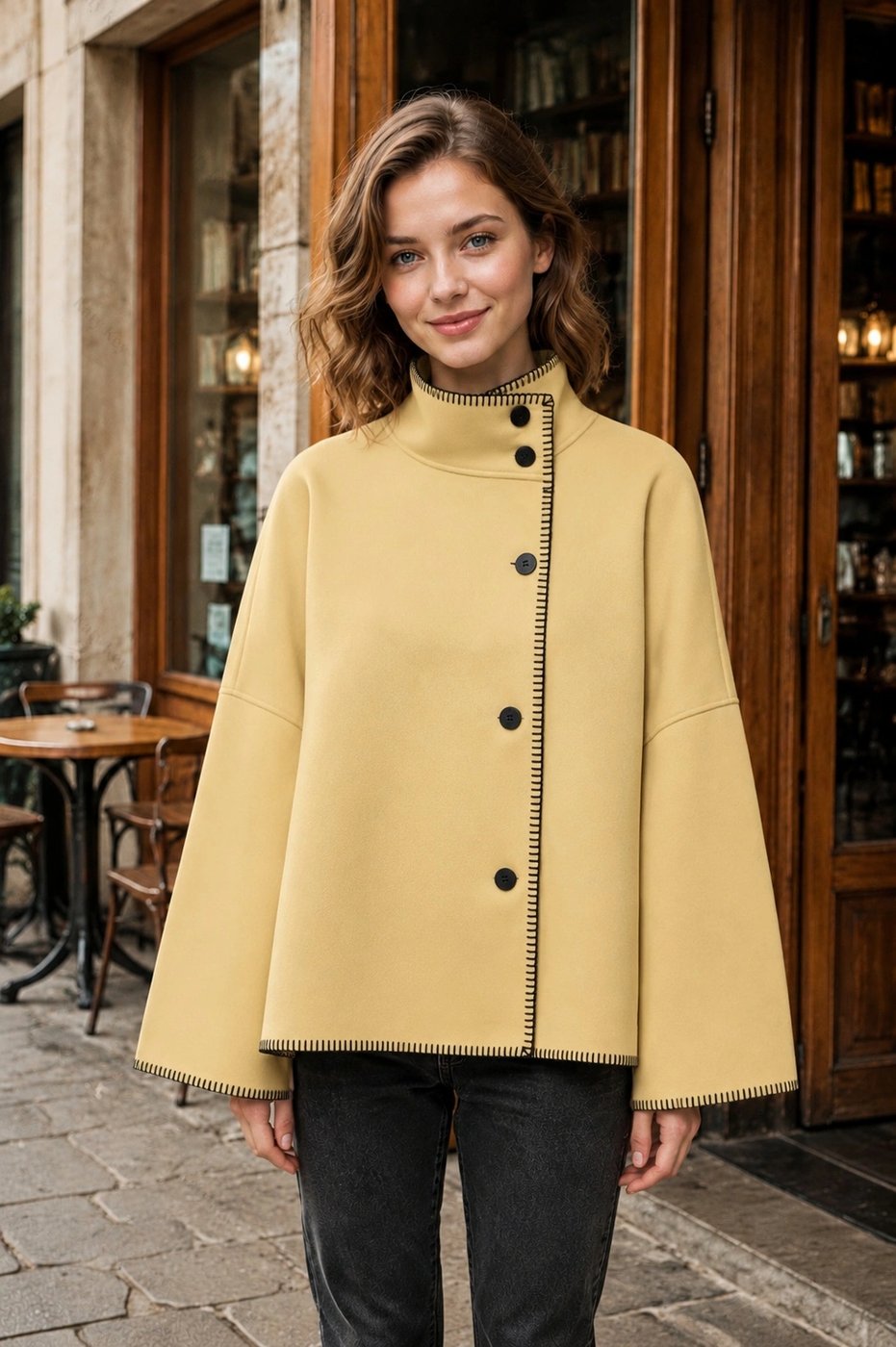 Mustard shacket with olive trousers and a cream tee on a mature woman