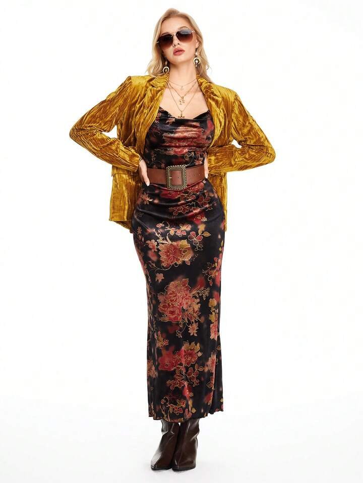 Mustard velvet blazer with a black slip dress and boots, evening outfit over 50
