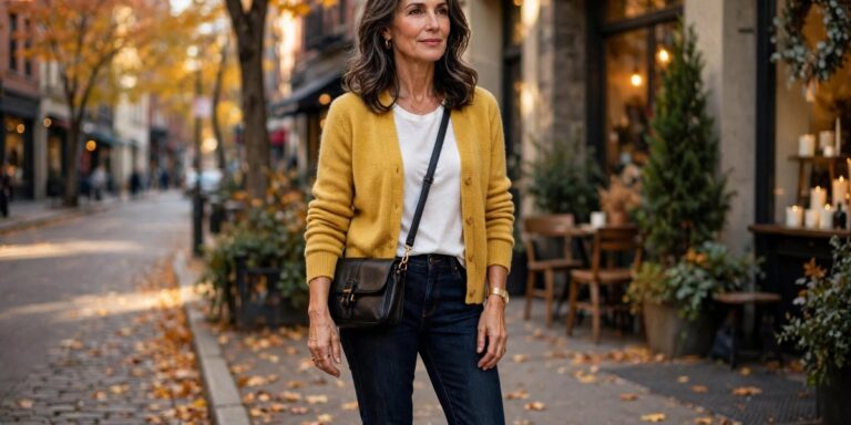 Mustard yellow cardigan outfit for women over 50 - bright fall fashion