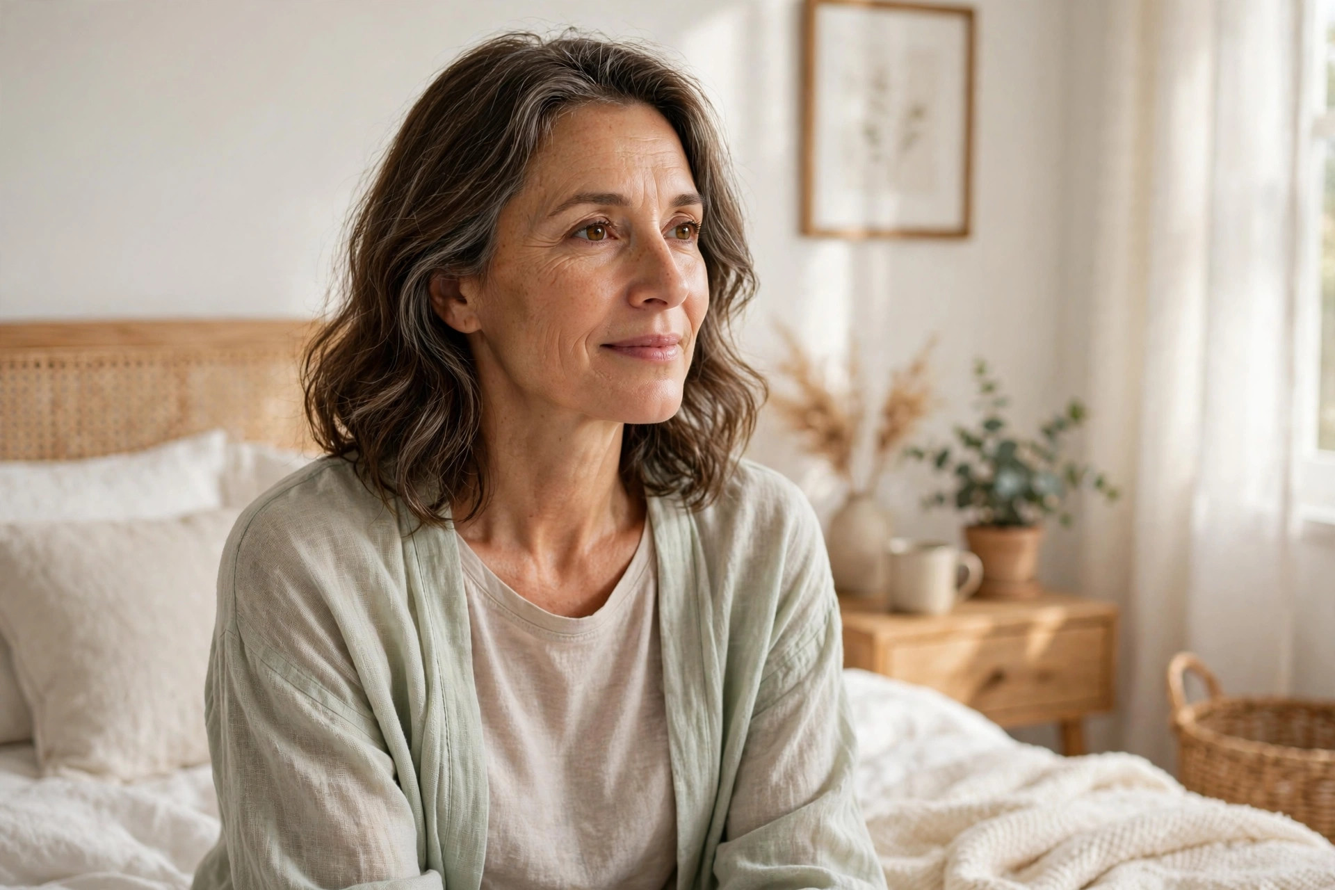 Woman in her 50s wearing light breathable layers in a bright bedroom